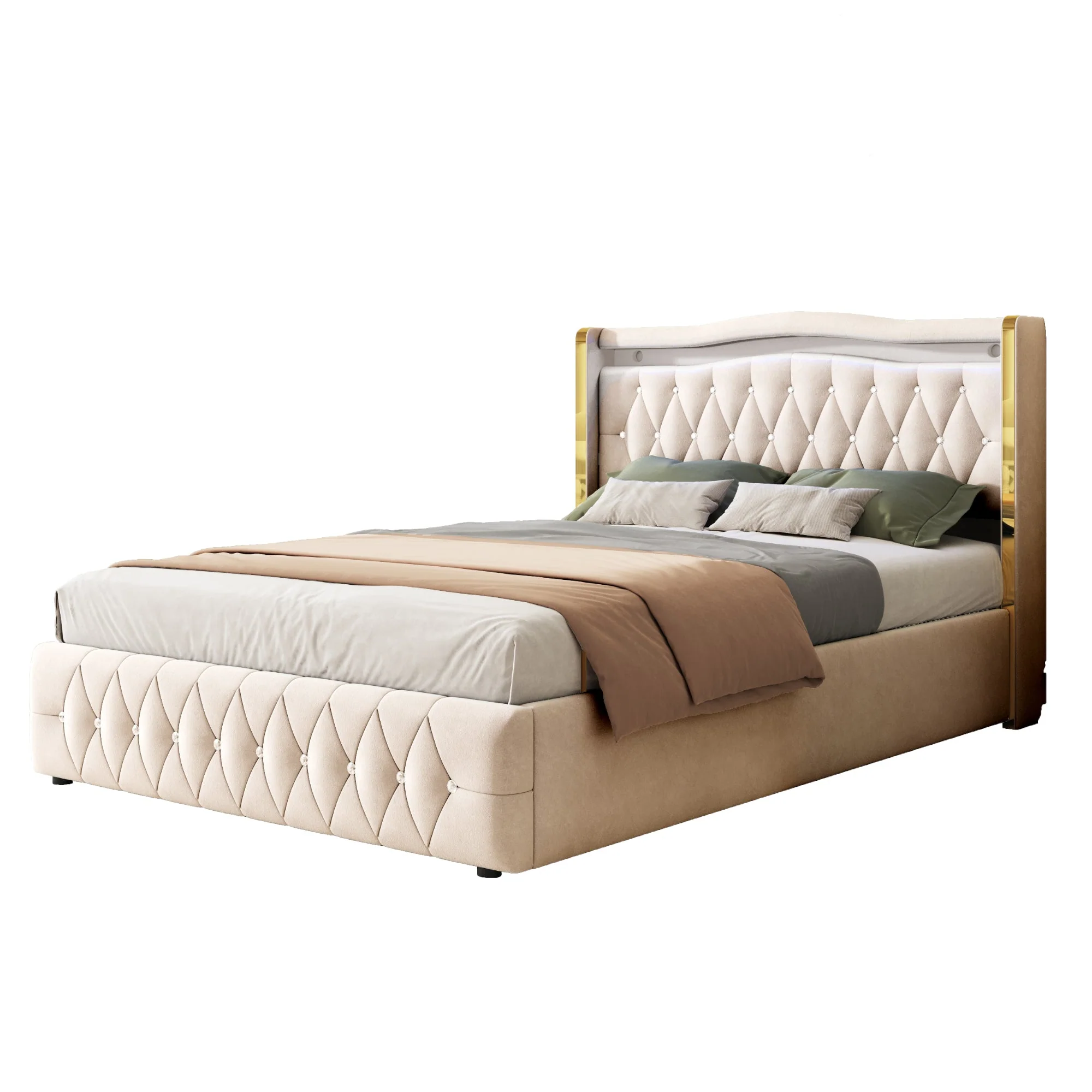Upholstered Bed, 140x200cm, LED, Hydraulic Storage, Velvet Fabric, Beige - Image 10