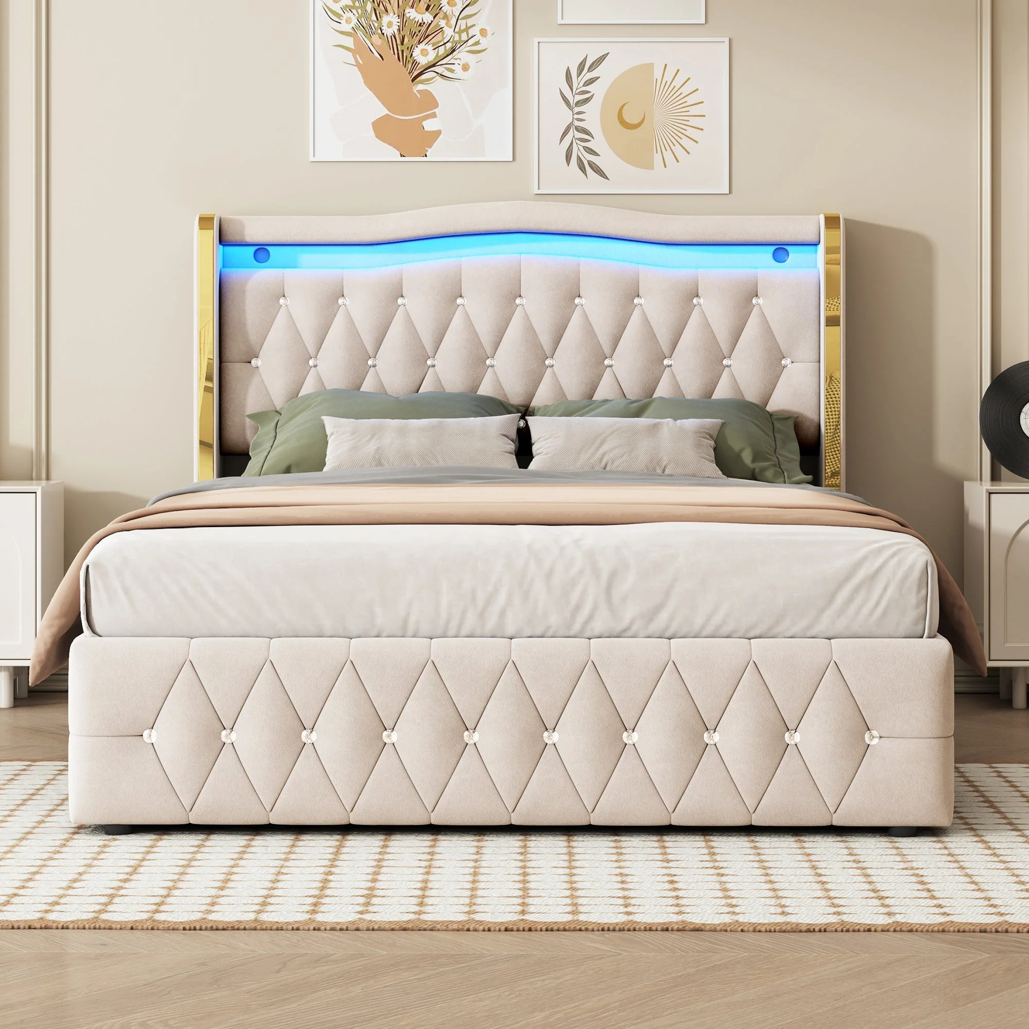 Upholstered Bed, 140x200cm, LED, Hydraulic Storage, Velvet Fabric, Beige - Image 3