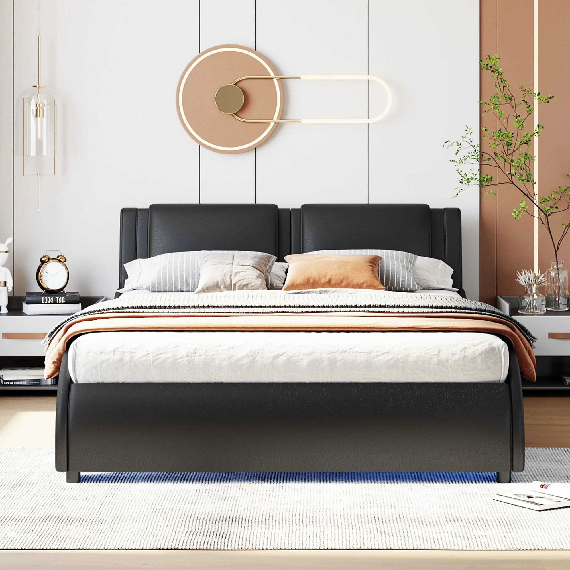 Upholstered Bed, 140x200cm, LED Light Faux Leather, Black - Image 4