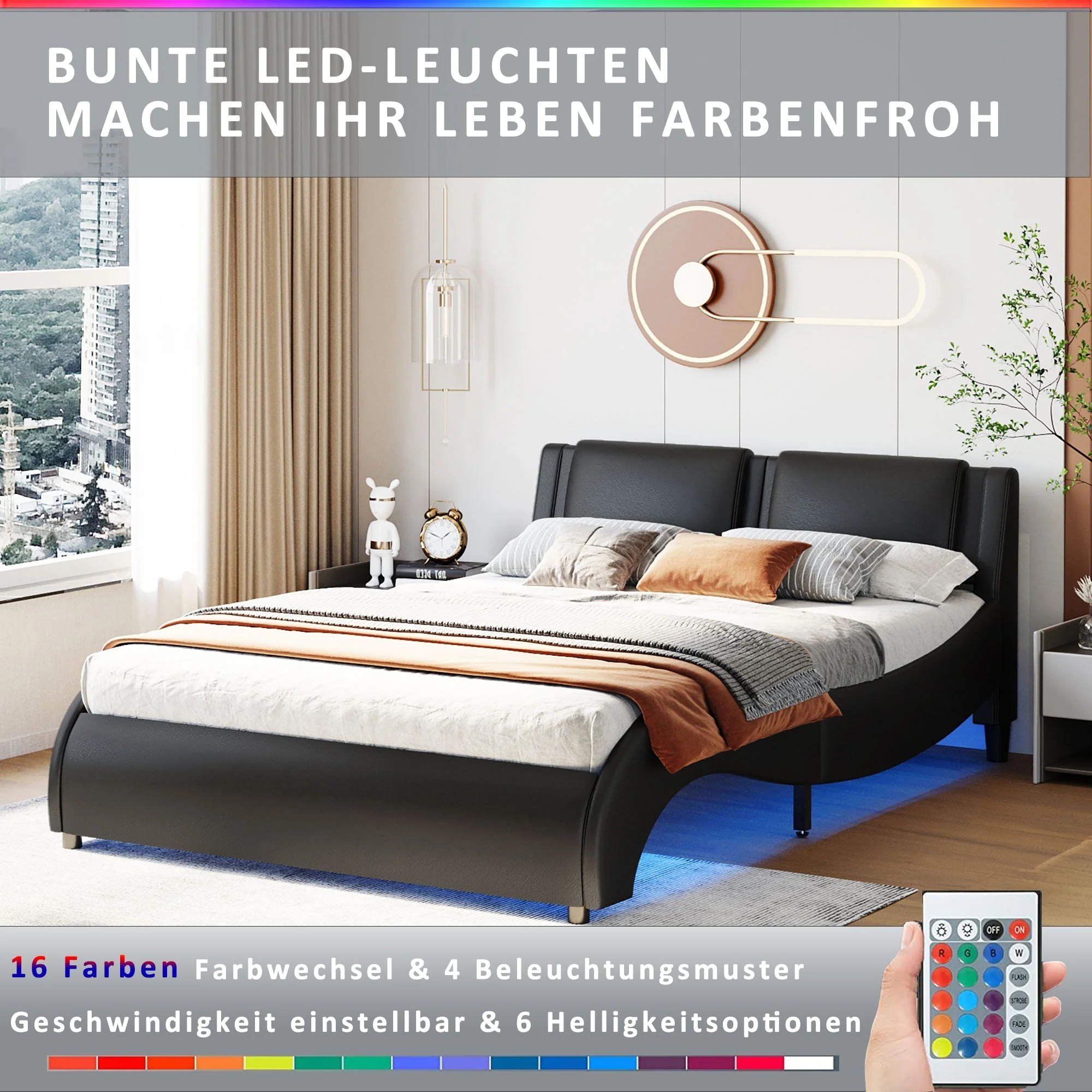 Upholstered Bed, 140x200cm, LED Light Faux Leather, Black - Image 5