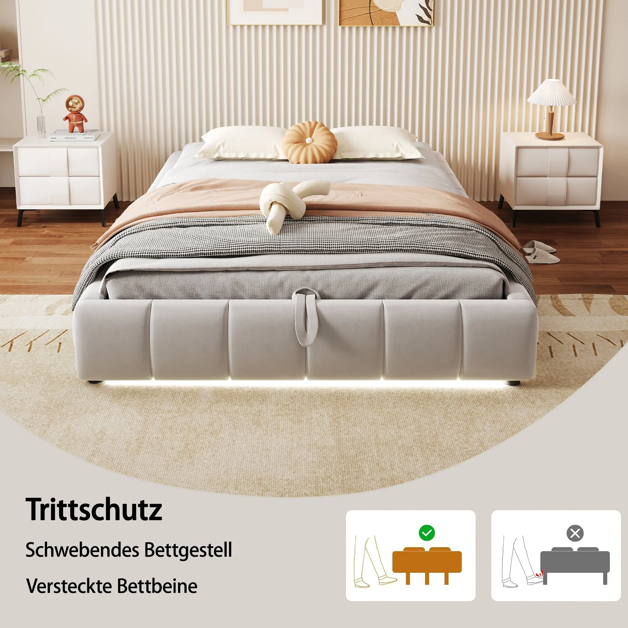 Upholstered Bed, 140x200cm, LED Light, Hydraulic Floating, Beige - Image 4