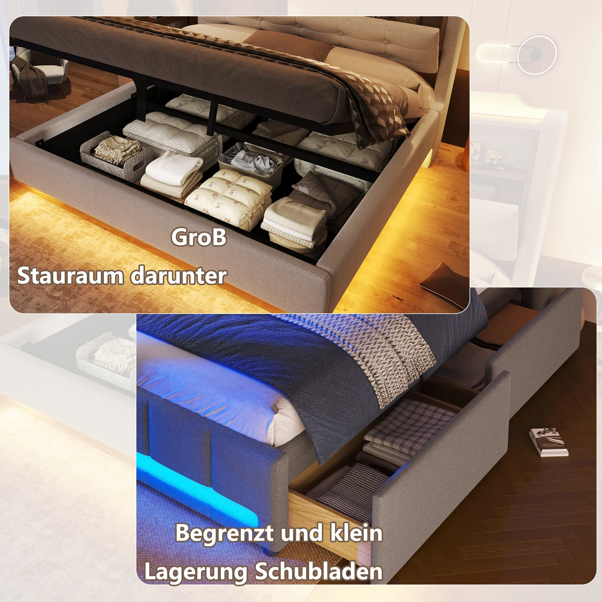 Upholstered Bed 140x200cm LED Light Strip Hydraulic Storage USB/Type-C Ports Linen Beige - Image 3