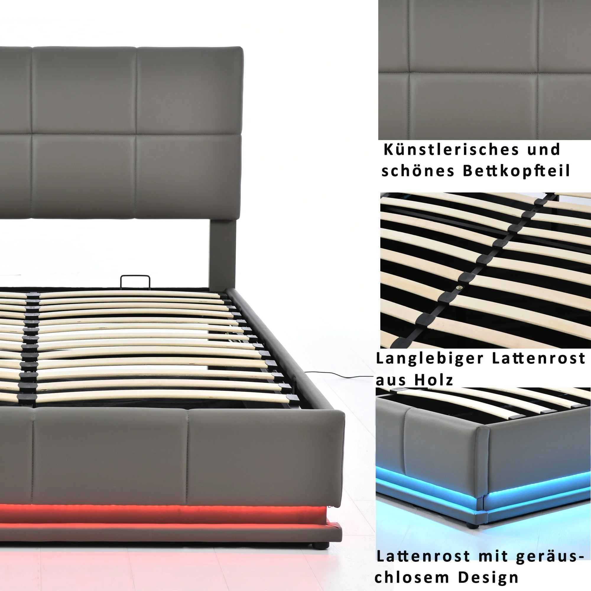 Upholstered Bed, 140x200cm LED Lighting & Liftable Storage, Faux Leather Gray - Image 8