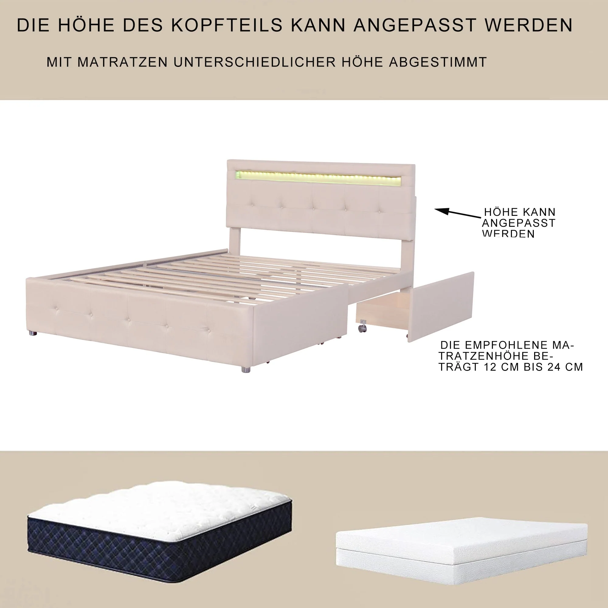 Upholstered Bed 140x200cm, LED, Slatted Frame, 4 Drawers, Beige Linen - Image 10