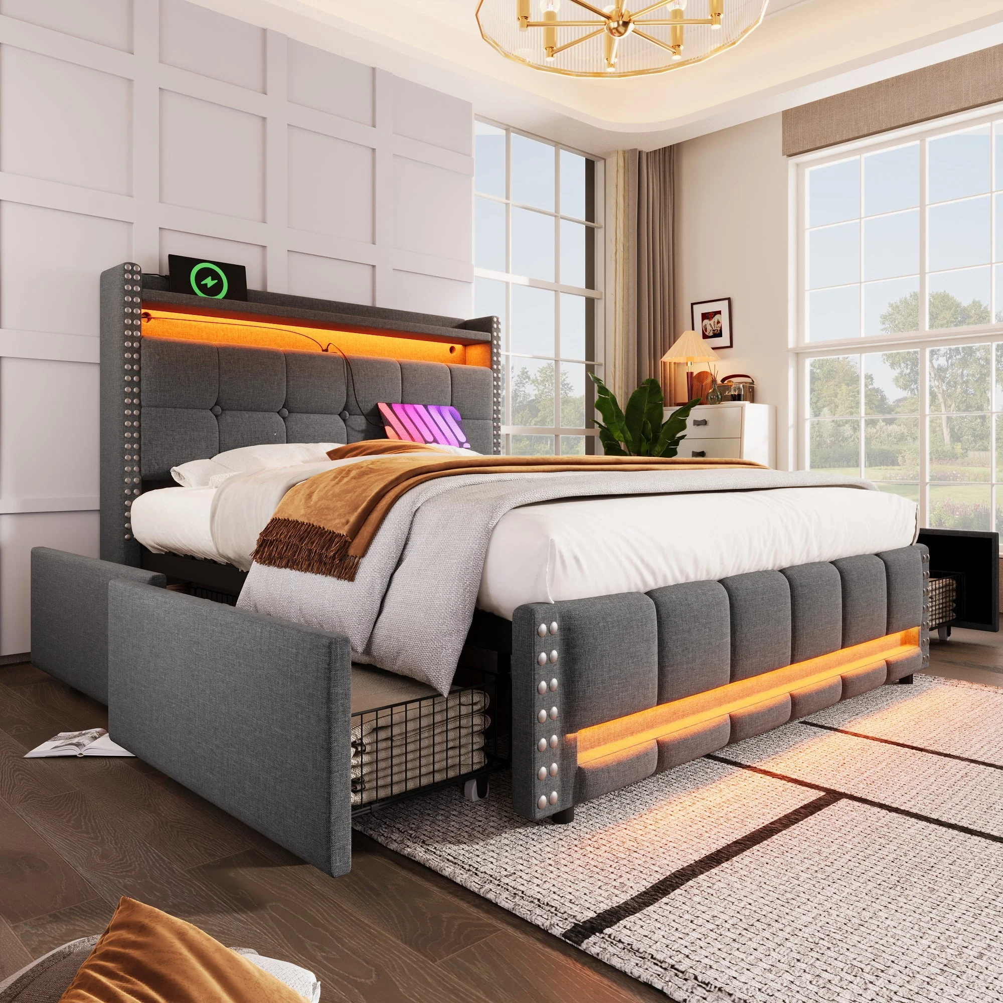 Upholstered Bed 140x200cm, LED & USB, 4-Drawer Storage, Linen Gray - Image 2