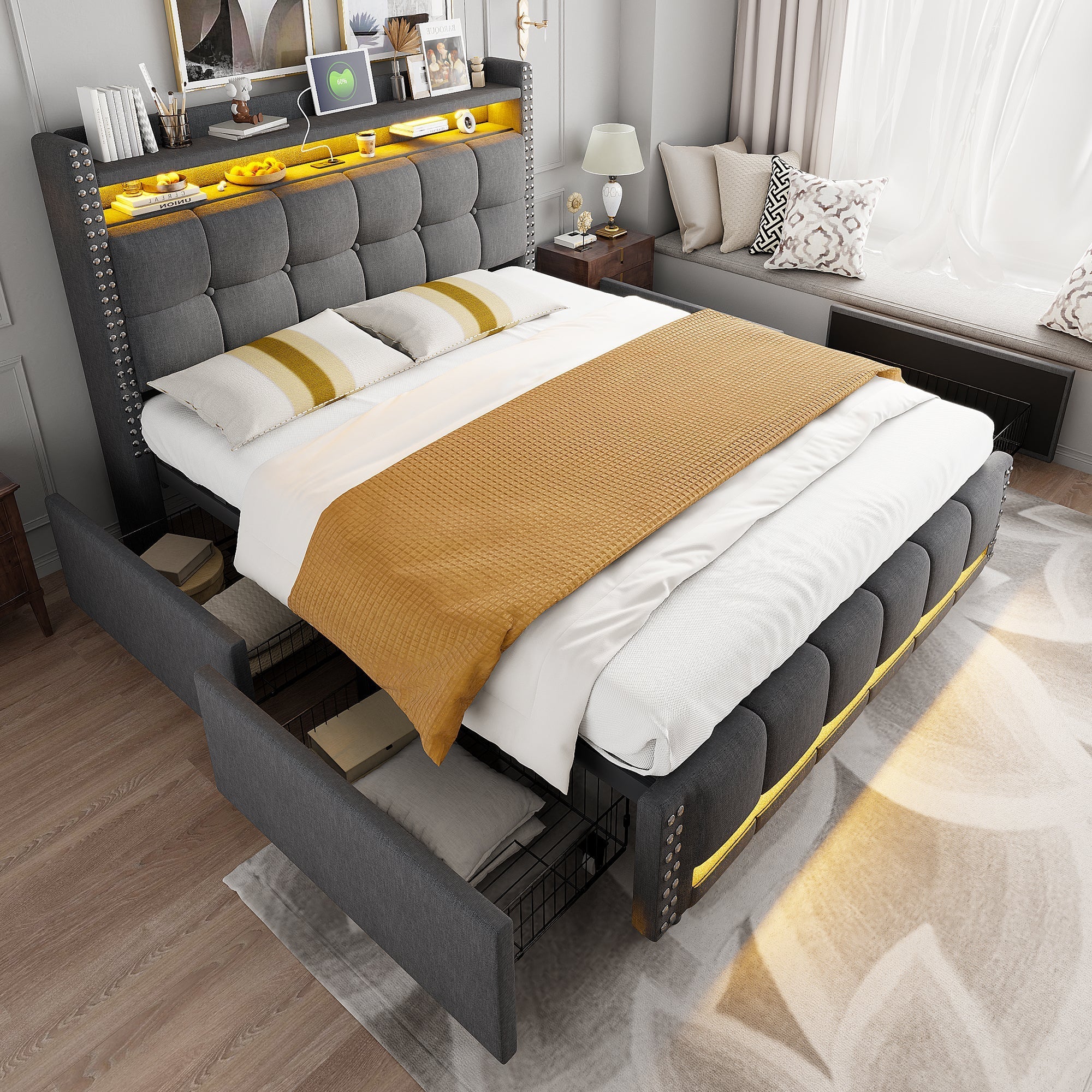 Upholstered Bed 140x200cm, LED & USB, 4-Drawer Storage, Linen Gray - Image 5