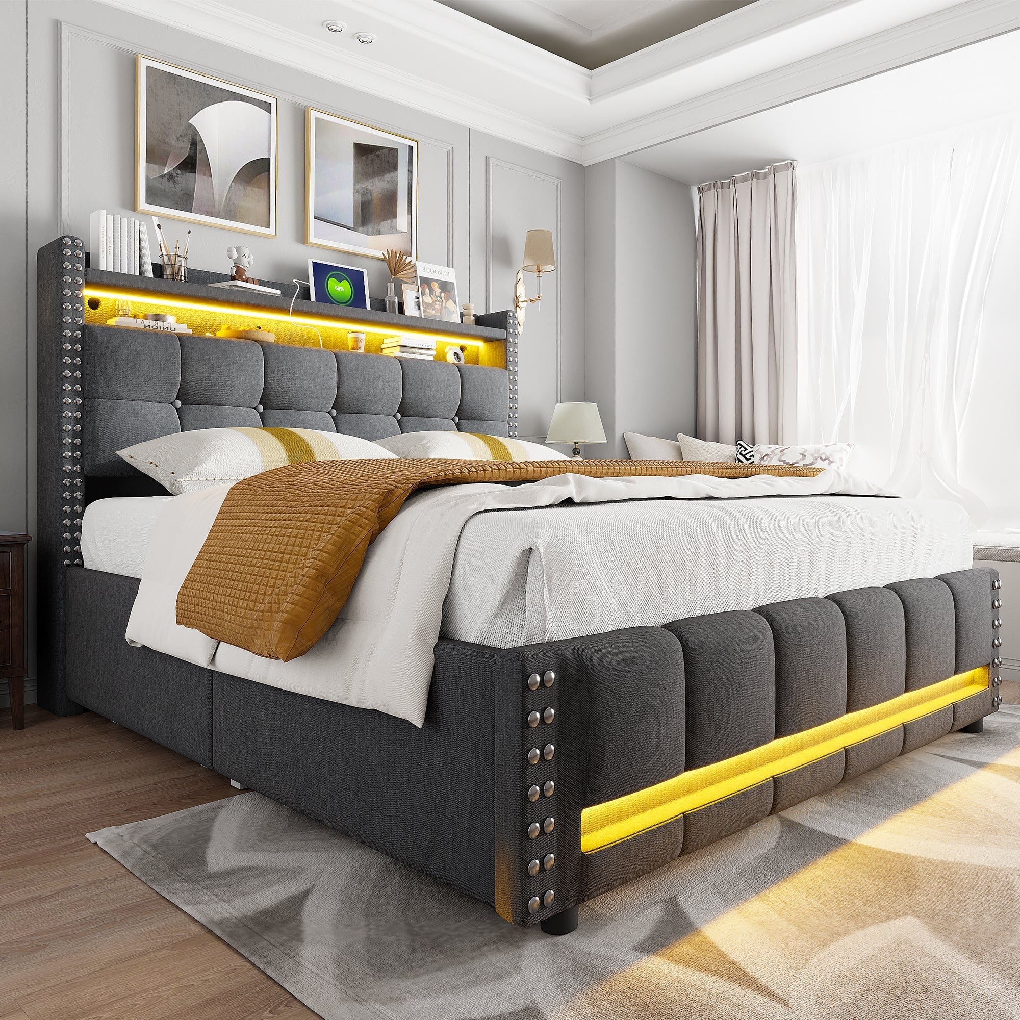 Upholstered Bed 140x200cm, LED & USB, 4-Drawer Storage, Linen Gray - Image 7