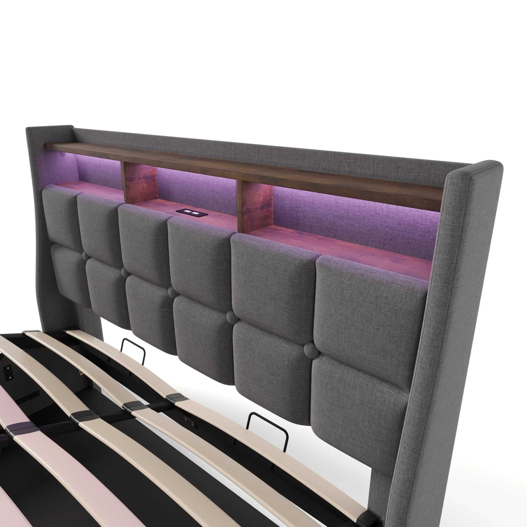 Upholstered Bed 140x200cm LED USB Double Bed Metal Frame, Linen - Image 3