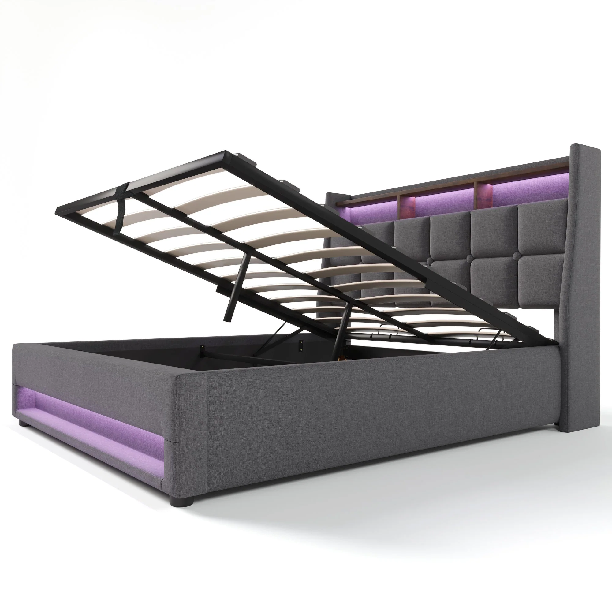 Upholstered Bed 140x200cm LED USB Double Bed Metal Frame, Linen - Image 6