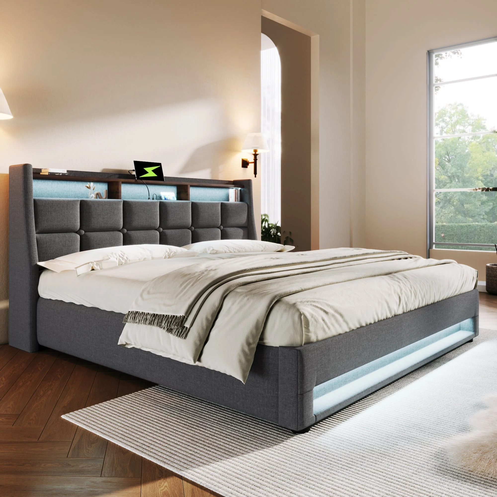 Upholstered Bed 140x200cm LED USB Double Bed Metal Frame, Linen - Image 8