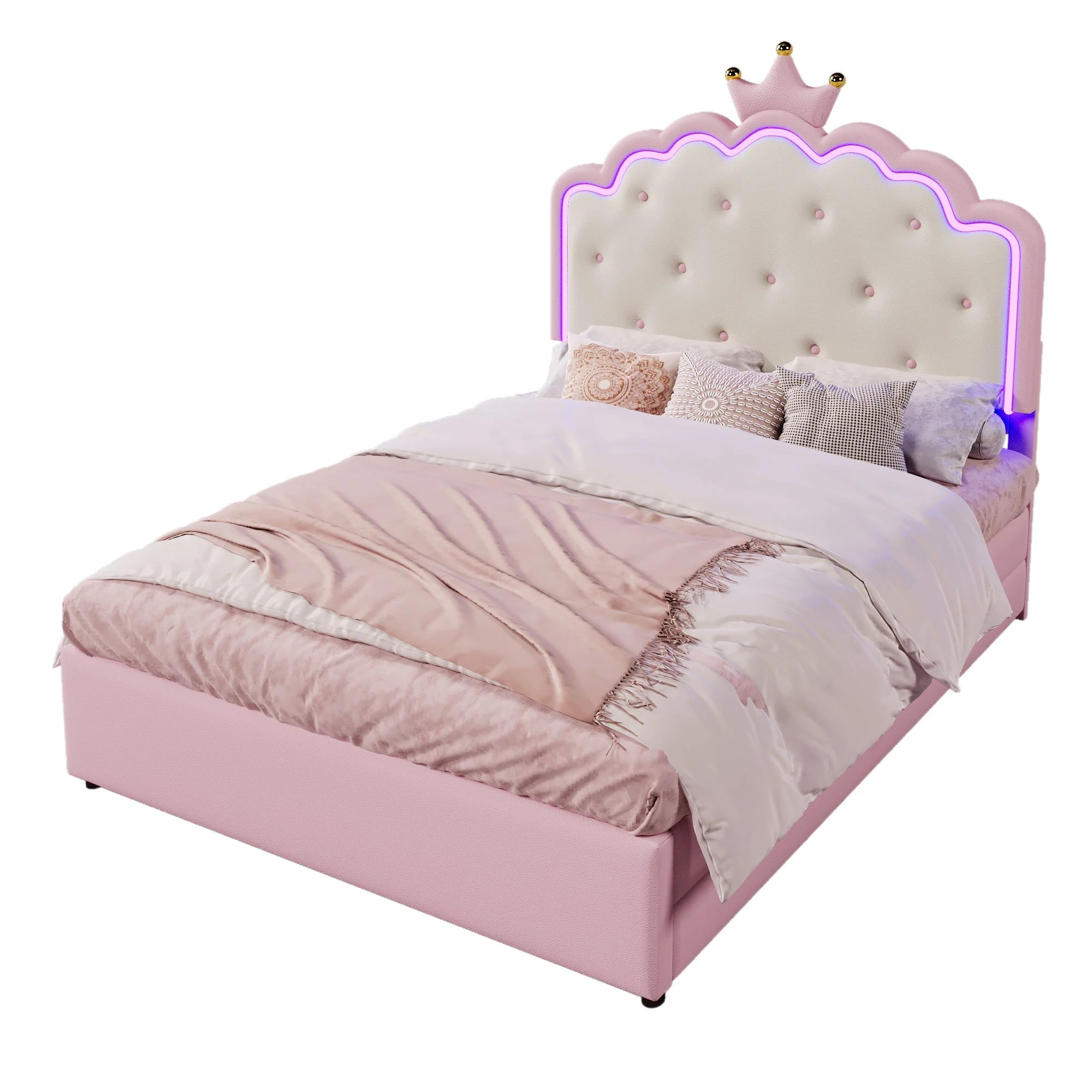 Upholstered Bed 140x200cm Pull-out 2 Drawers Ambient LED Princess Design - Pink PU - Image 8