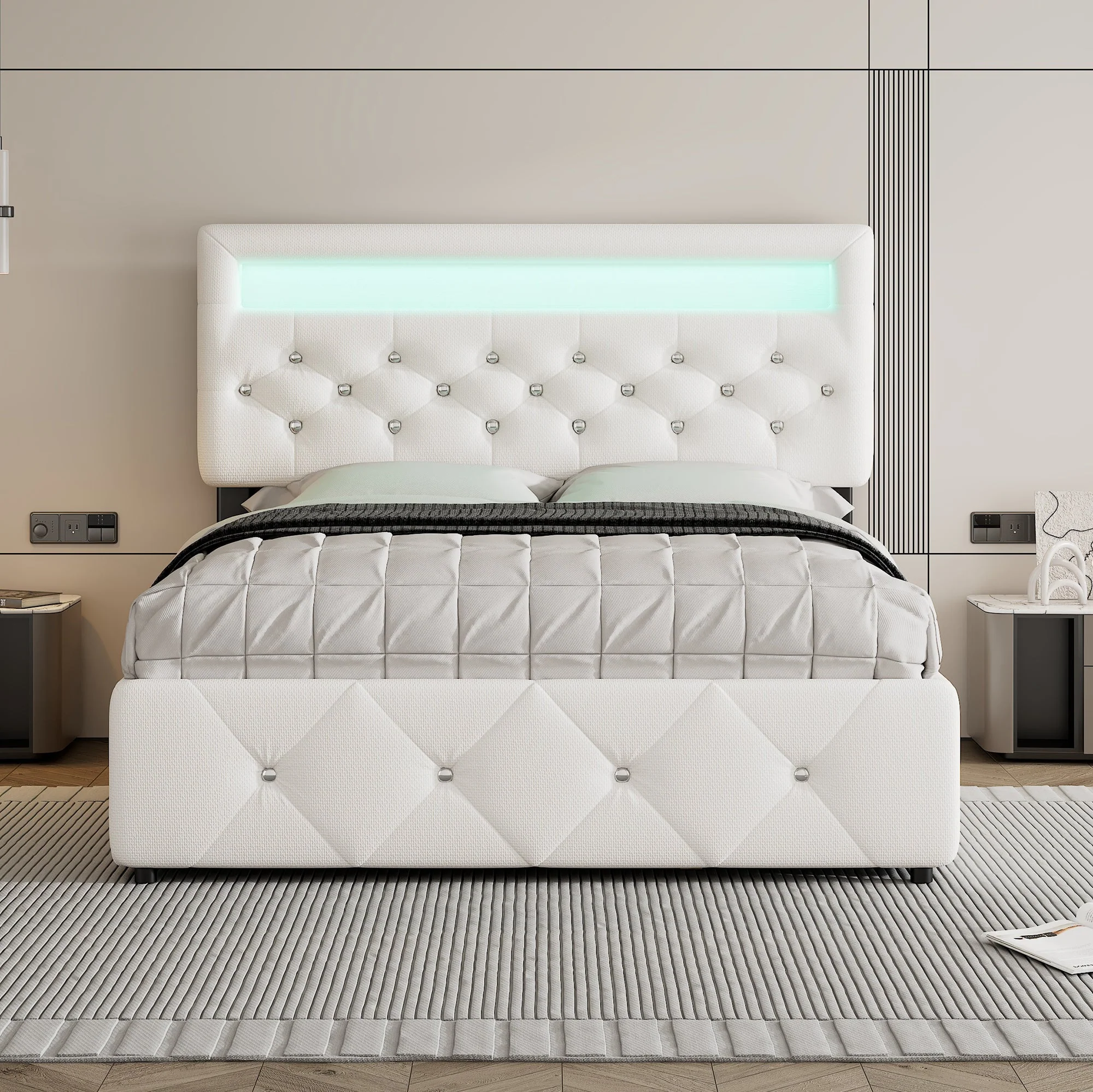Upholstered Bed 140x200cm Pull-out Bed 2 Drawers Bedside Light Strip - White - Image 2
