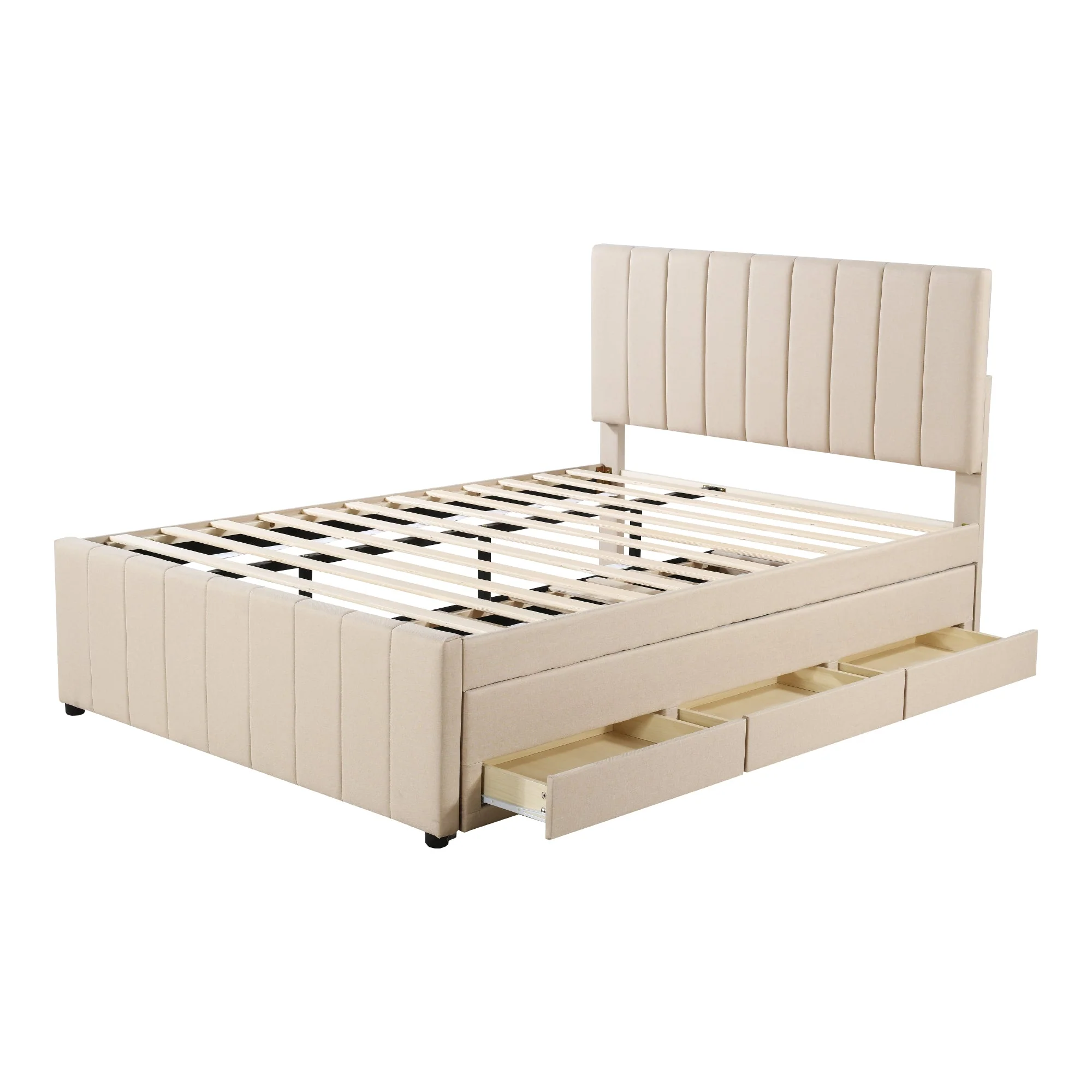 Upholstered Bed, 140x200cm Pull-Out with Drawers, Linen Beige - Image 10