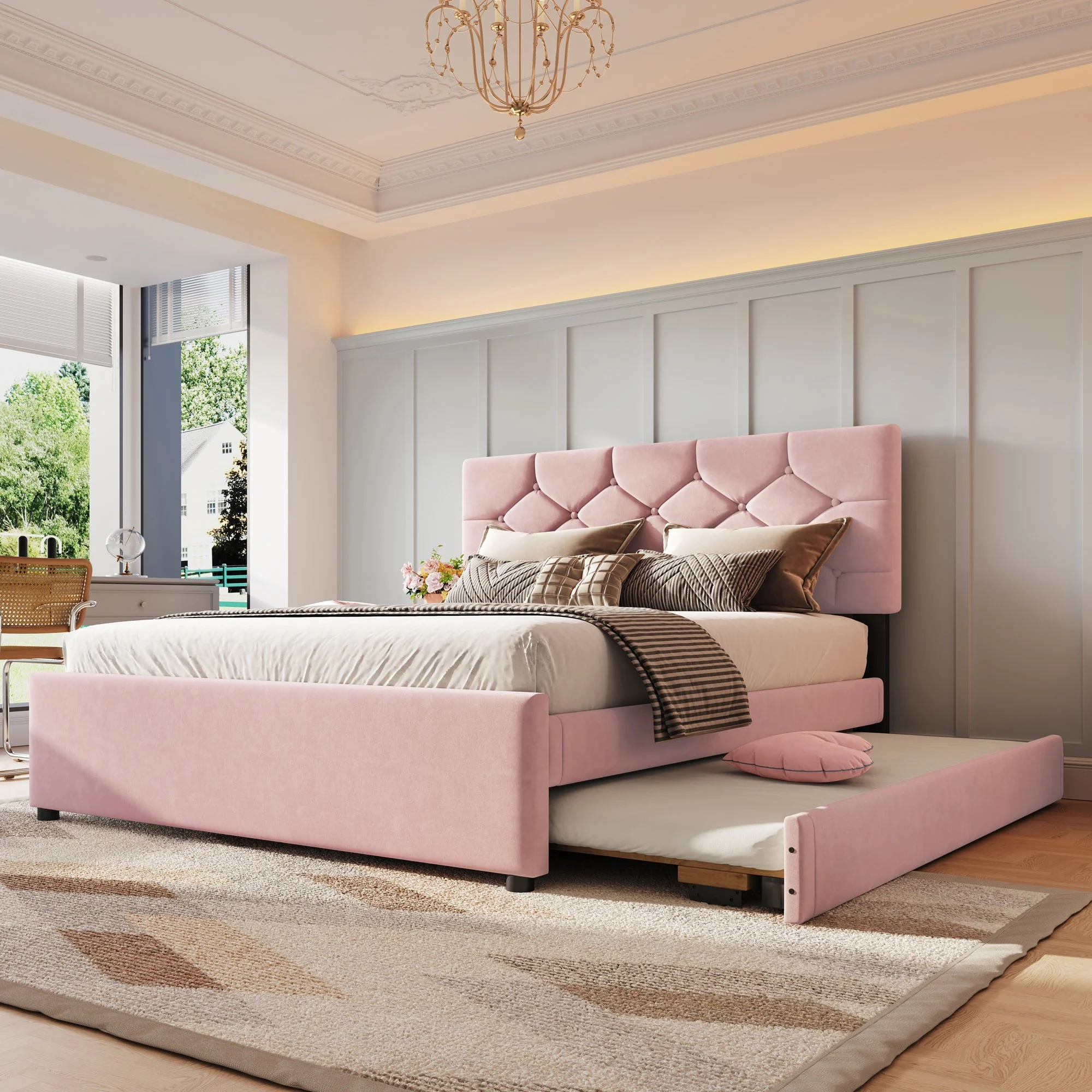 Upholstered Bed 140x200cm Rolling Storage Slatted Base Minimalist - Velvet Pink - Image 3
