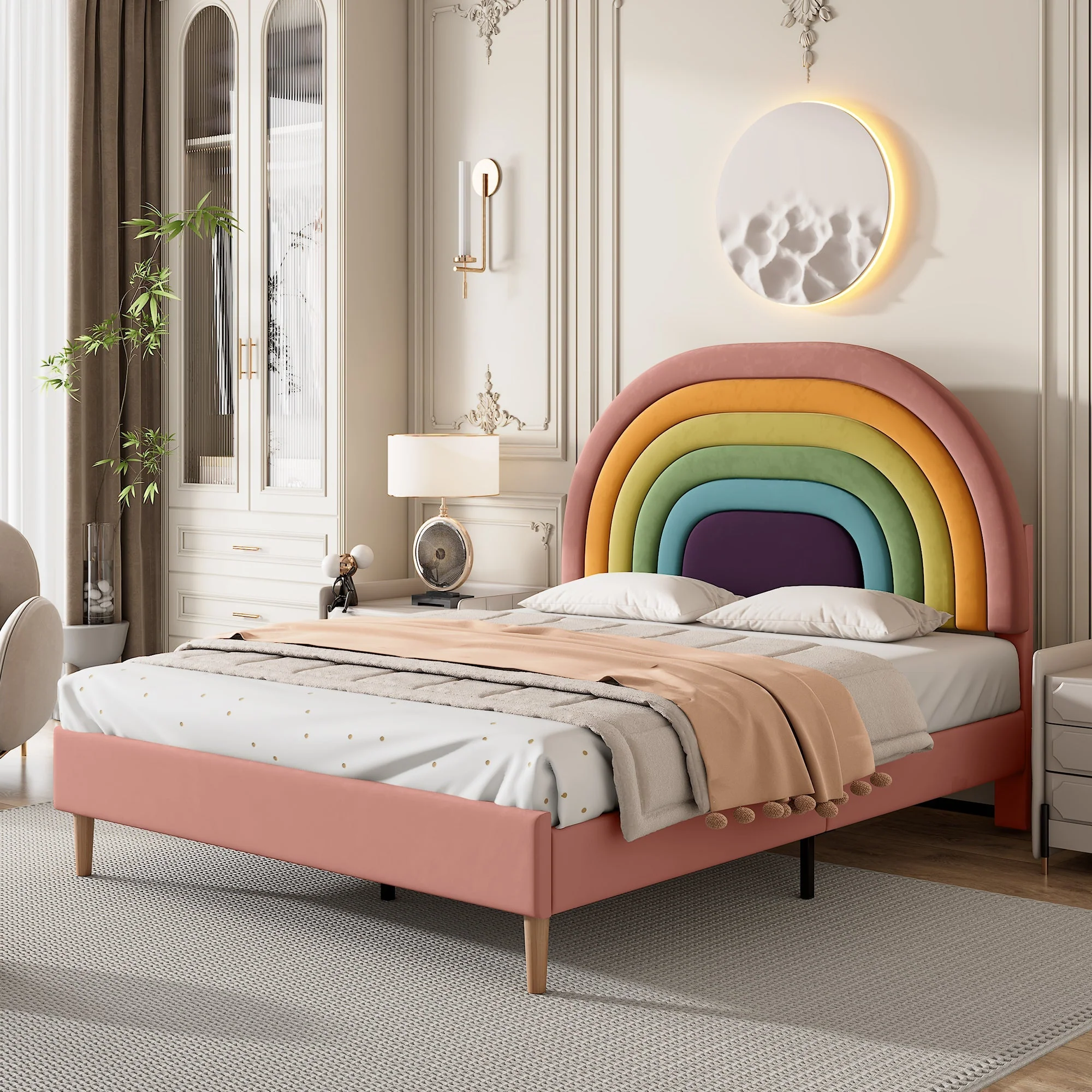 Upholstered Bed 140x200cm Slatted Base Adjustable Headboard - Velvet Pink