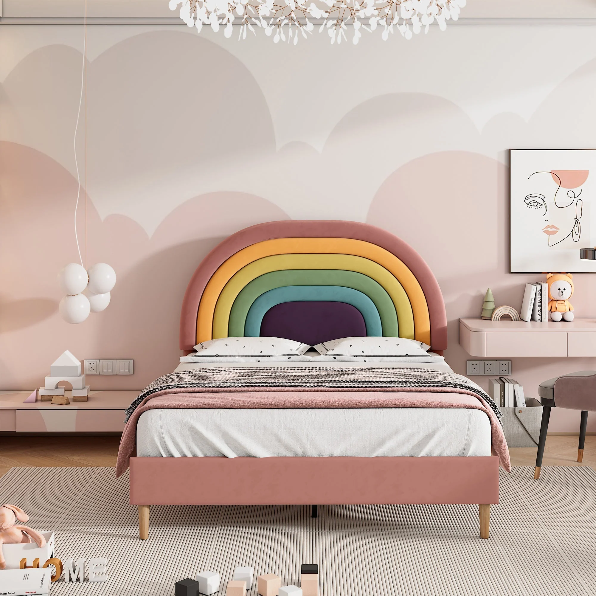 Upholstered Bed 140x200cm Slatted Base Adjustable Headboard - Velvet Pink - Image 4