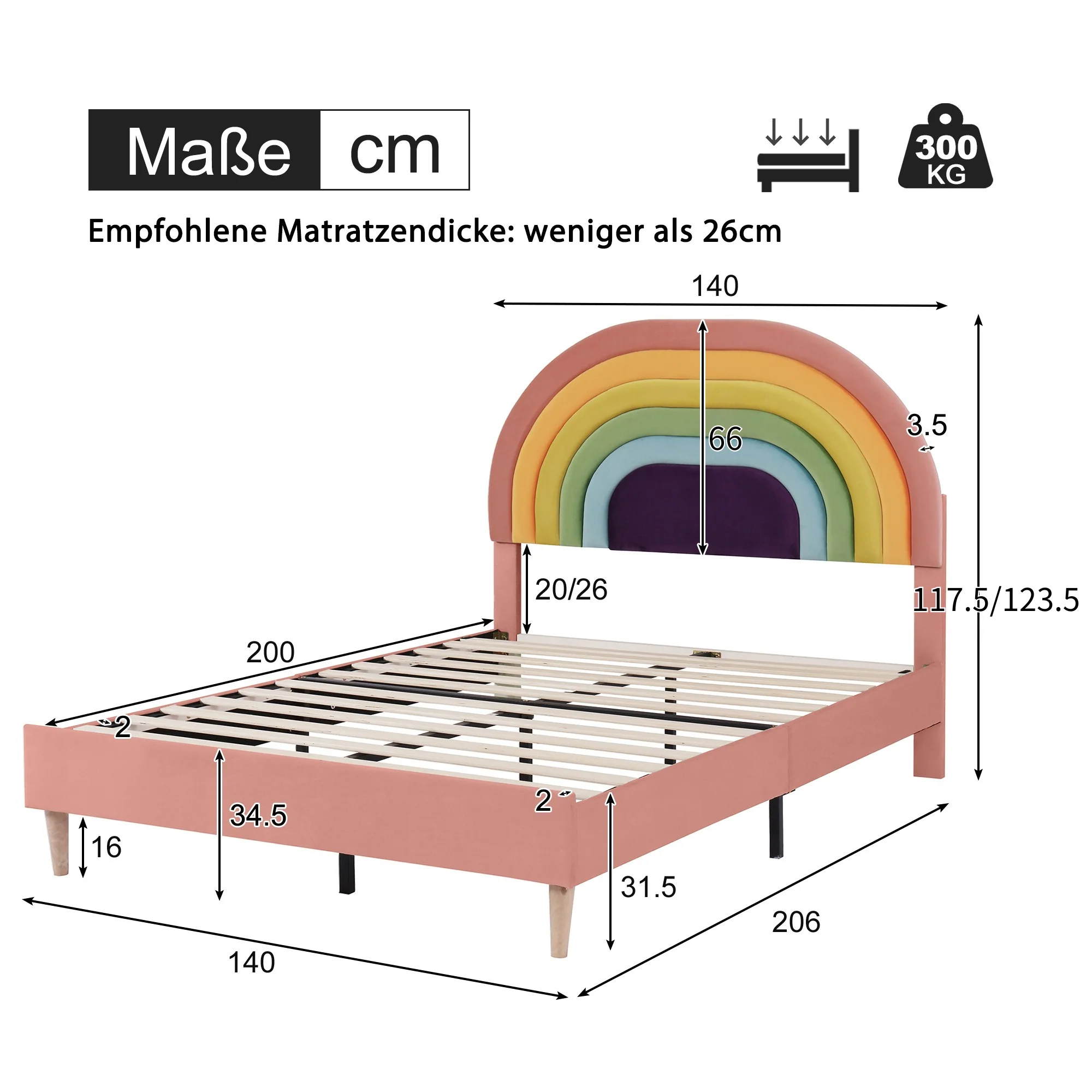 Upholstered Bed 140x200cm Slatted Base Adjustable Headboard - Velvet Pink - Image 9