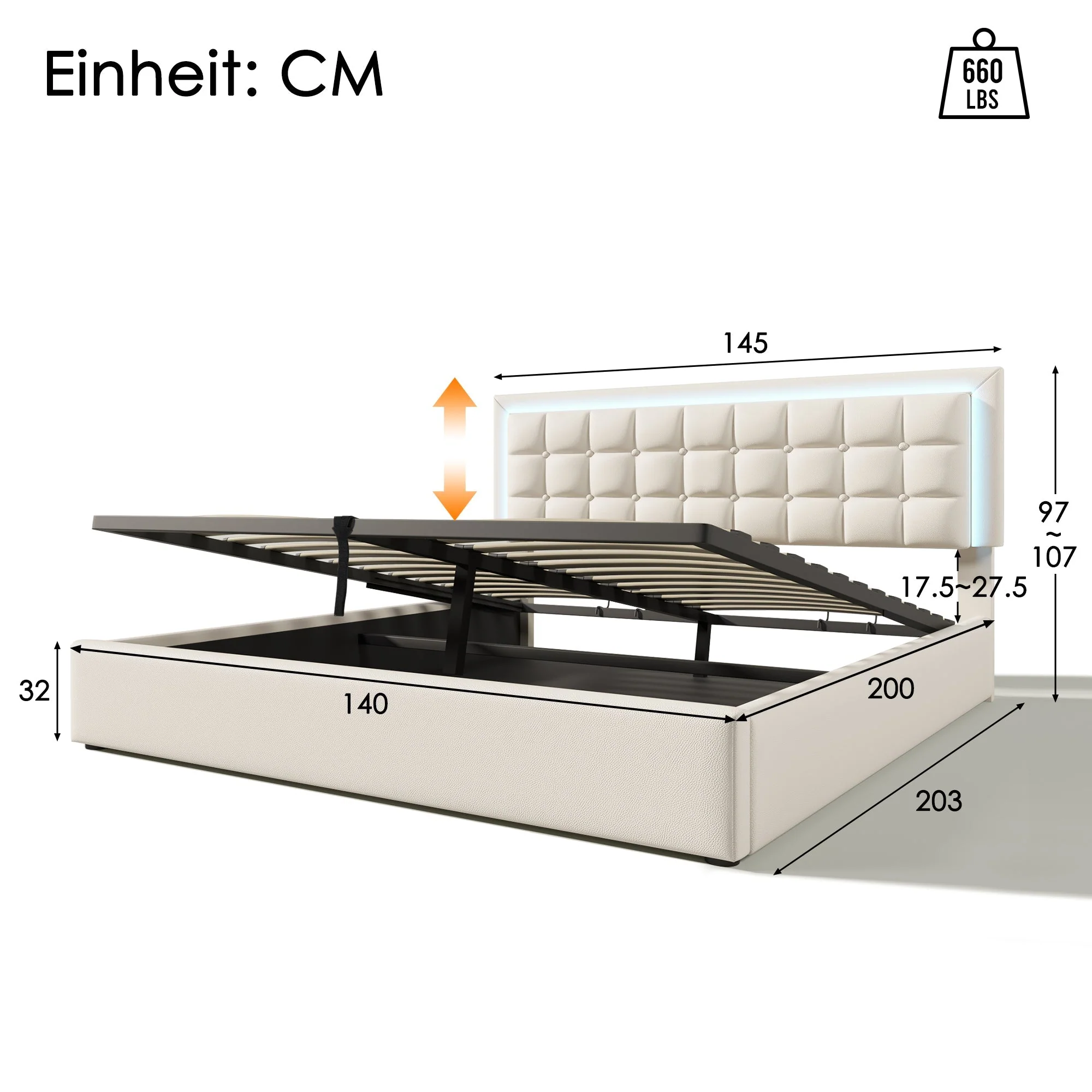 Upholstered Bed, 140x200cm, Slatted Frame, Storage, LED, White Faux Leather - Image 2