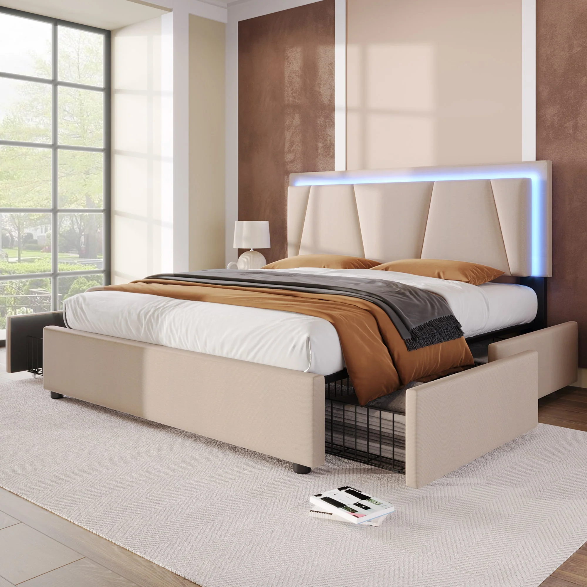 Upholstered Bed, 140x200cm Storage Bed with LED & Adjustable Headboard, Beige - Image 3