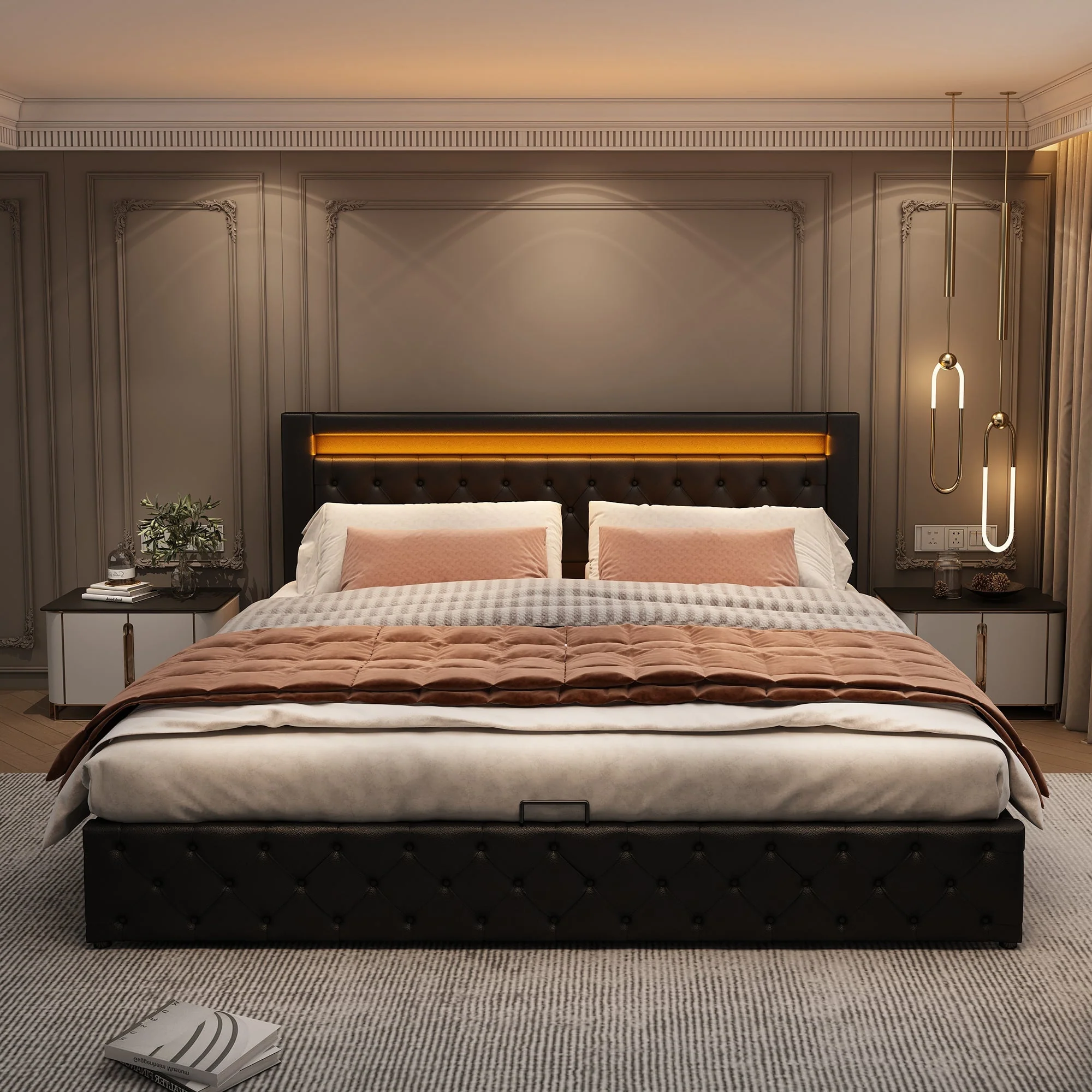 Upholstered Bed 140x200cm Storage LED Slatted Frame - Black PU - Image 2