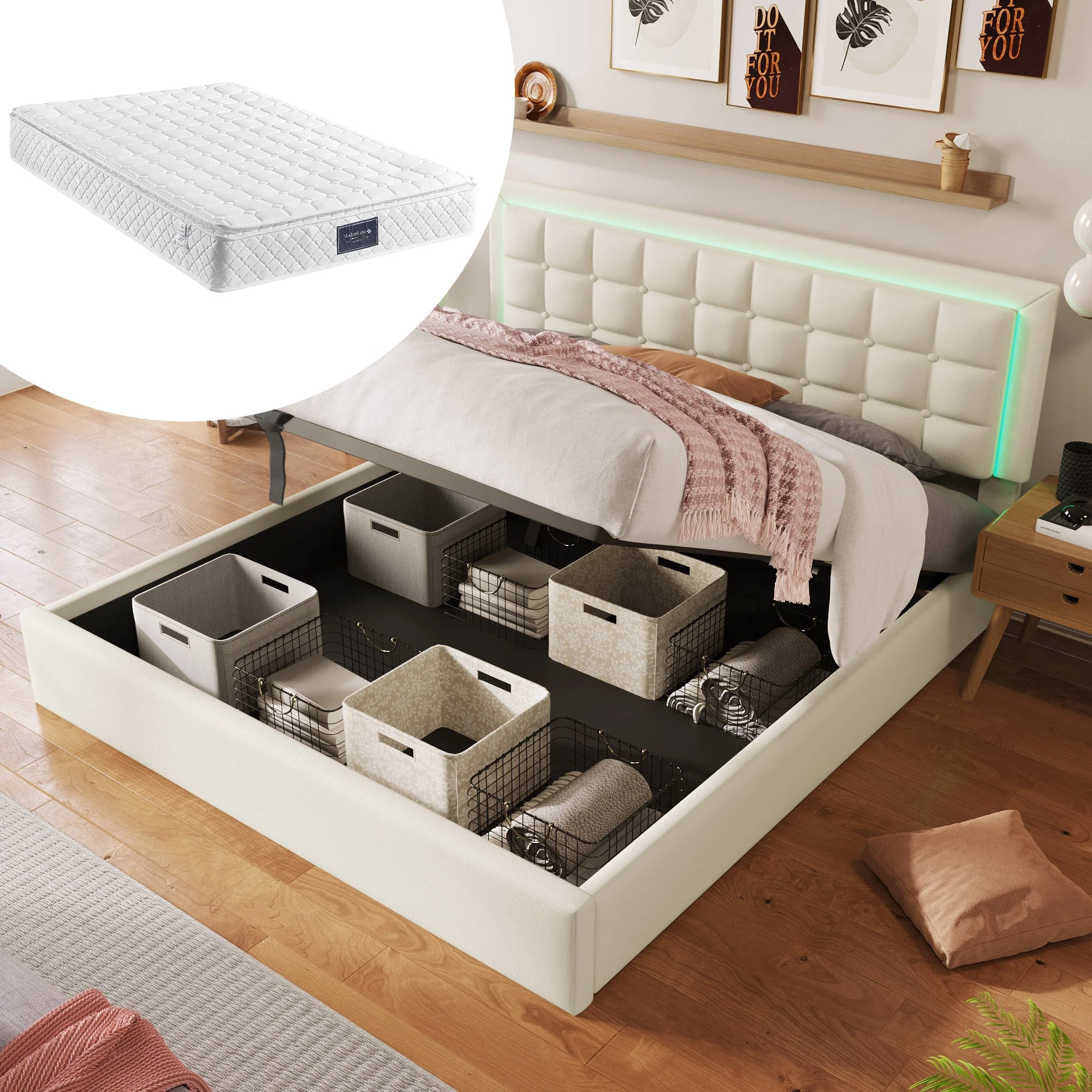 Upholstered Bed, 140x200cm, Storage, LED, White Imitation Leather