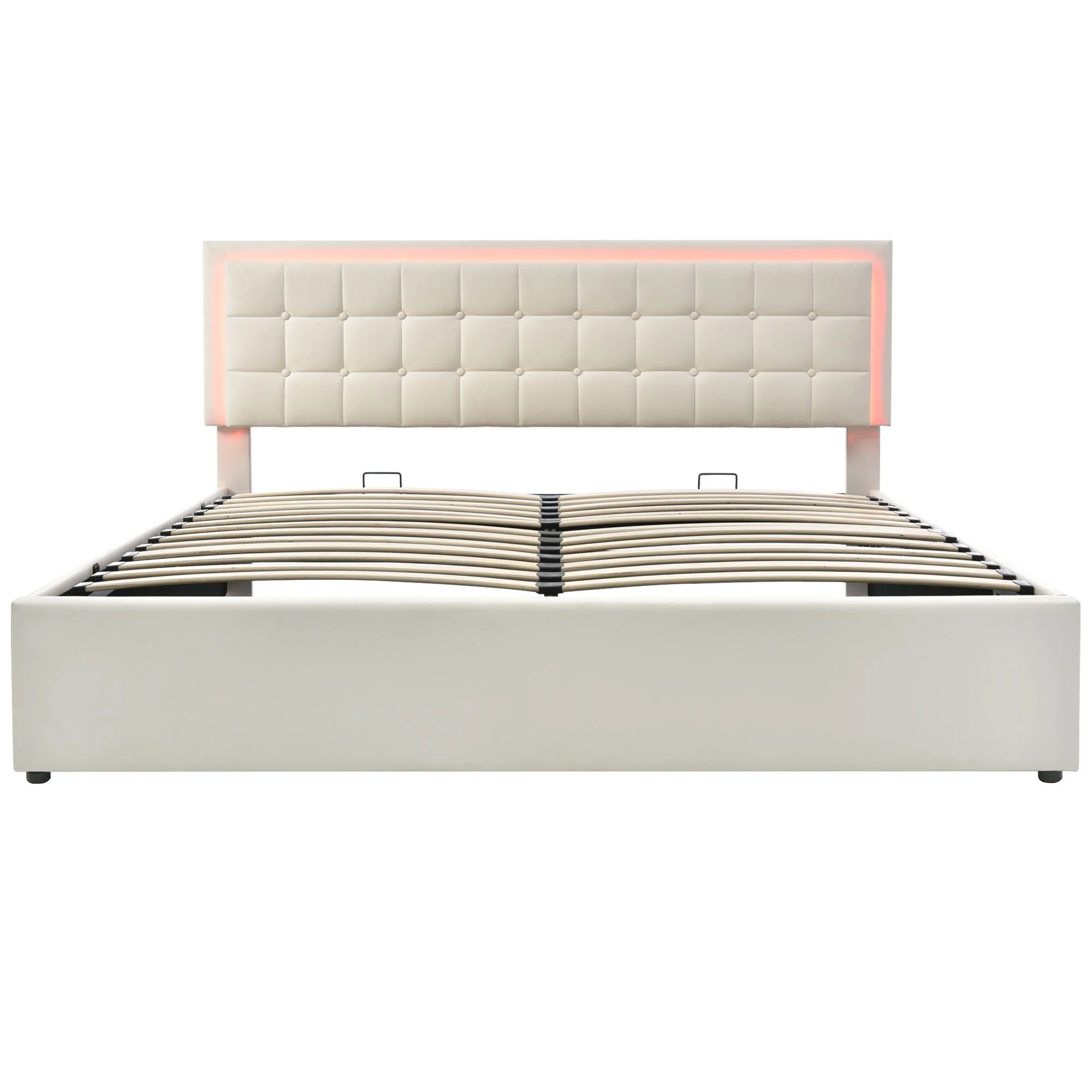 Upholstered Bed, 140x200cm, Storage, LED, White Imitation Leather - Image 10