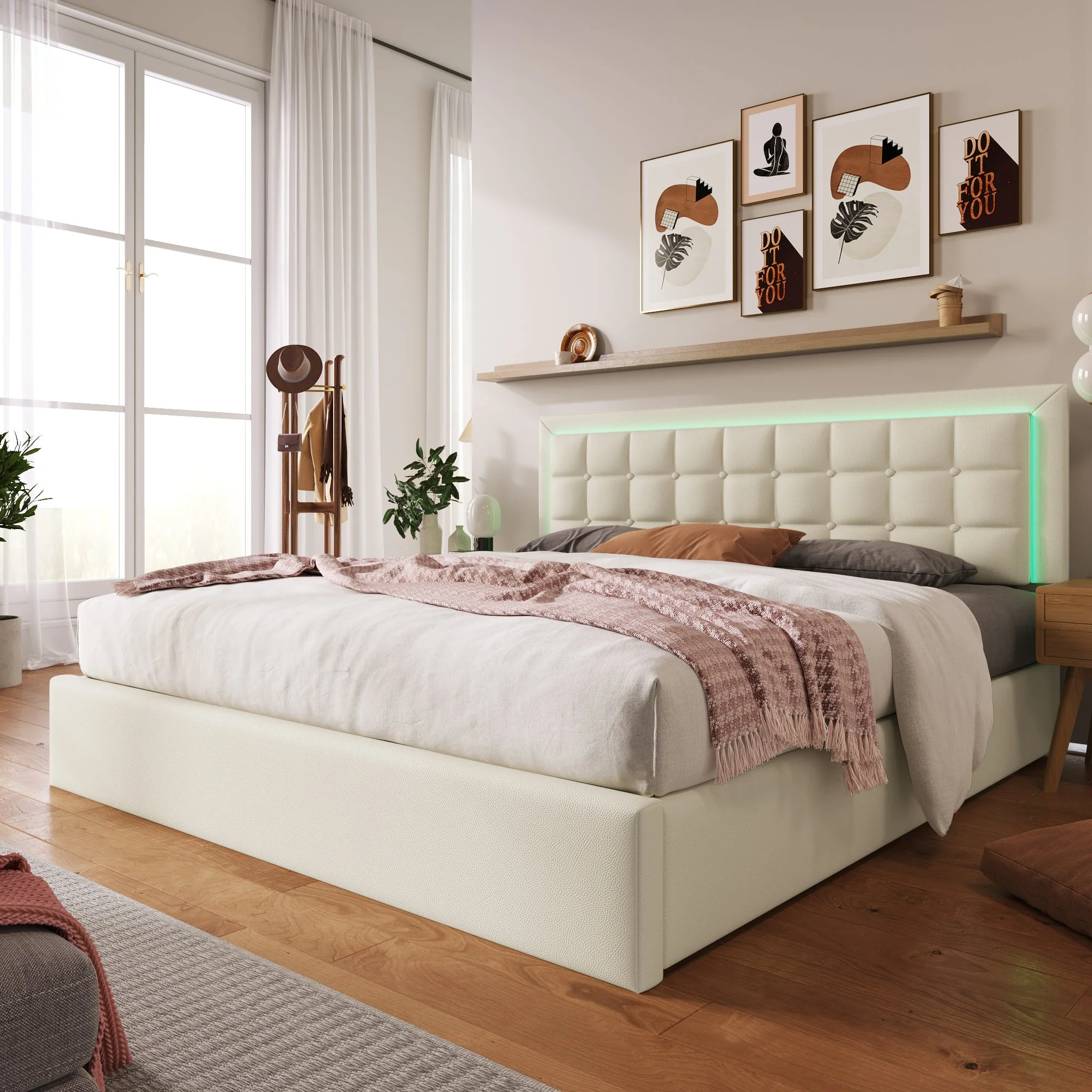 Upholstered Bed, 140x200cm, Storage, LED, White Imitation Leather - Image 2