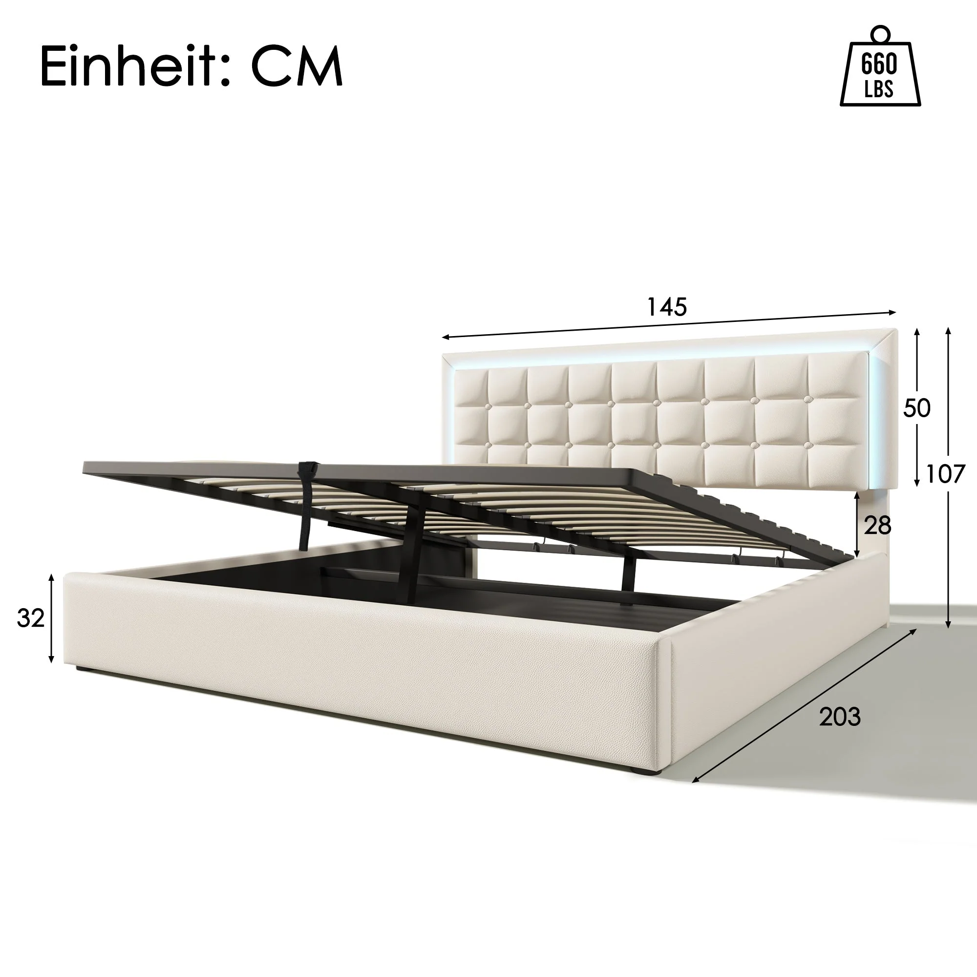 Upholstered Bed, 140x200cm, Storage, LED, White Imitation Leather - Image 9