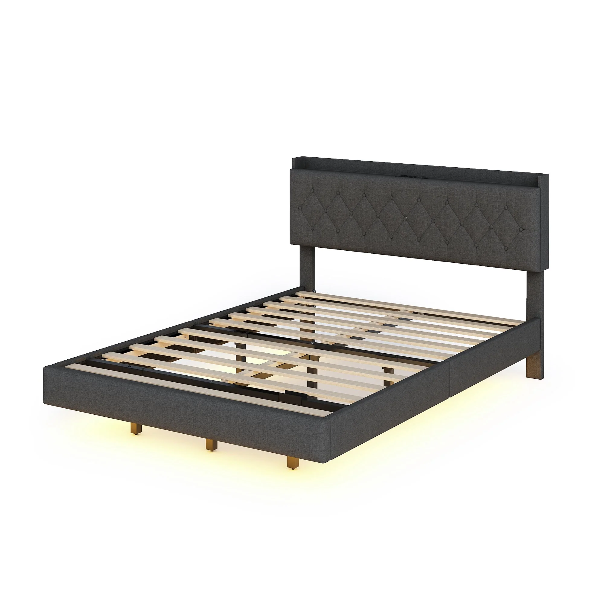 Upholstered Bed, 140x200cm USB Charging LED Double with Slatted Frame, Gray Linen - Image 7