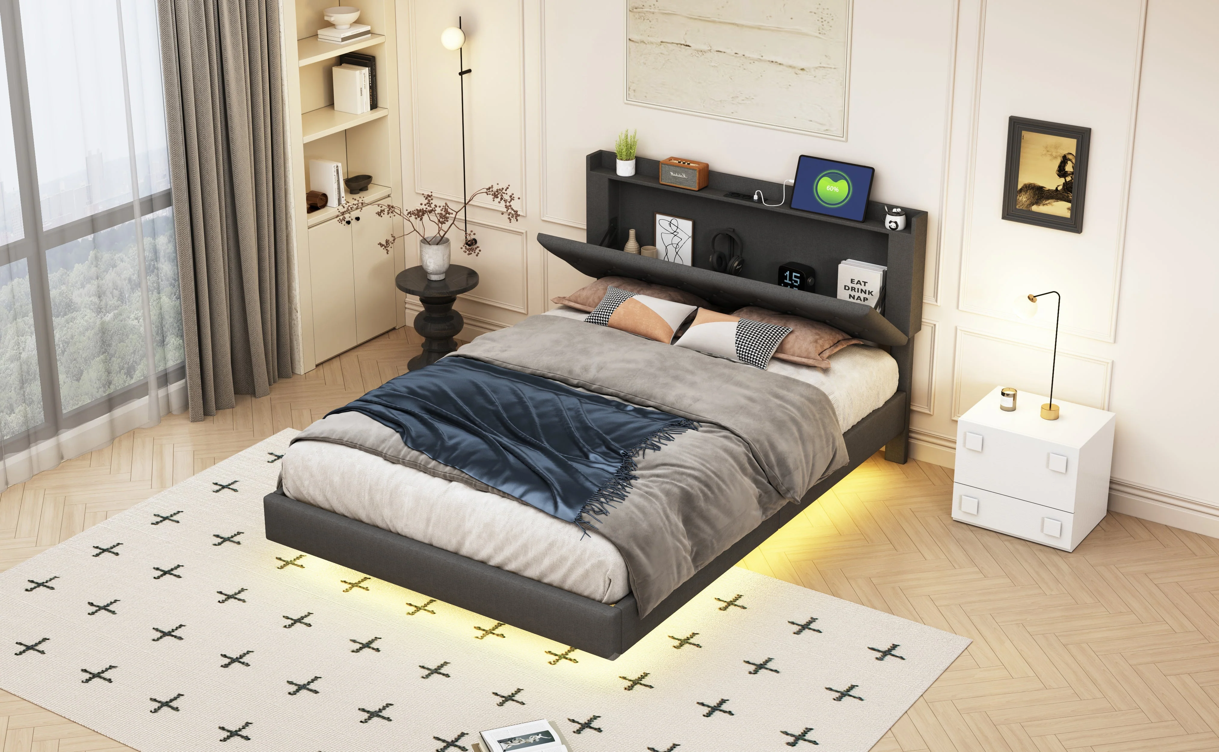 Upholstered Bed, 140x200cm USB Charging LED Double with Slatted Frame, Gray Linen - Image 9