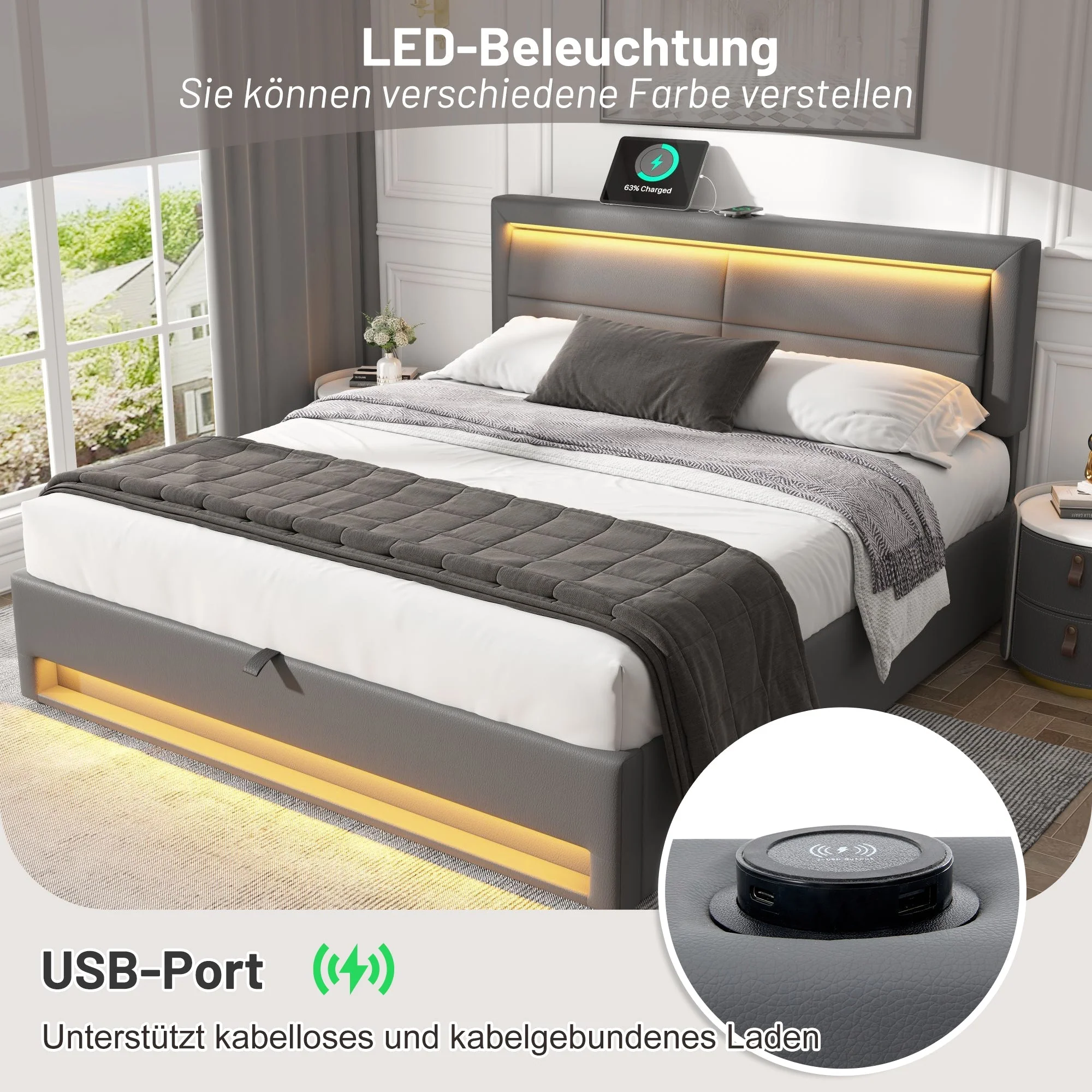 Upholstered Bed 140x200cm USB Charging LED Light Storage PU Lychee Grey - Image 6