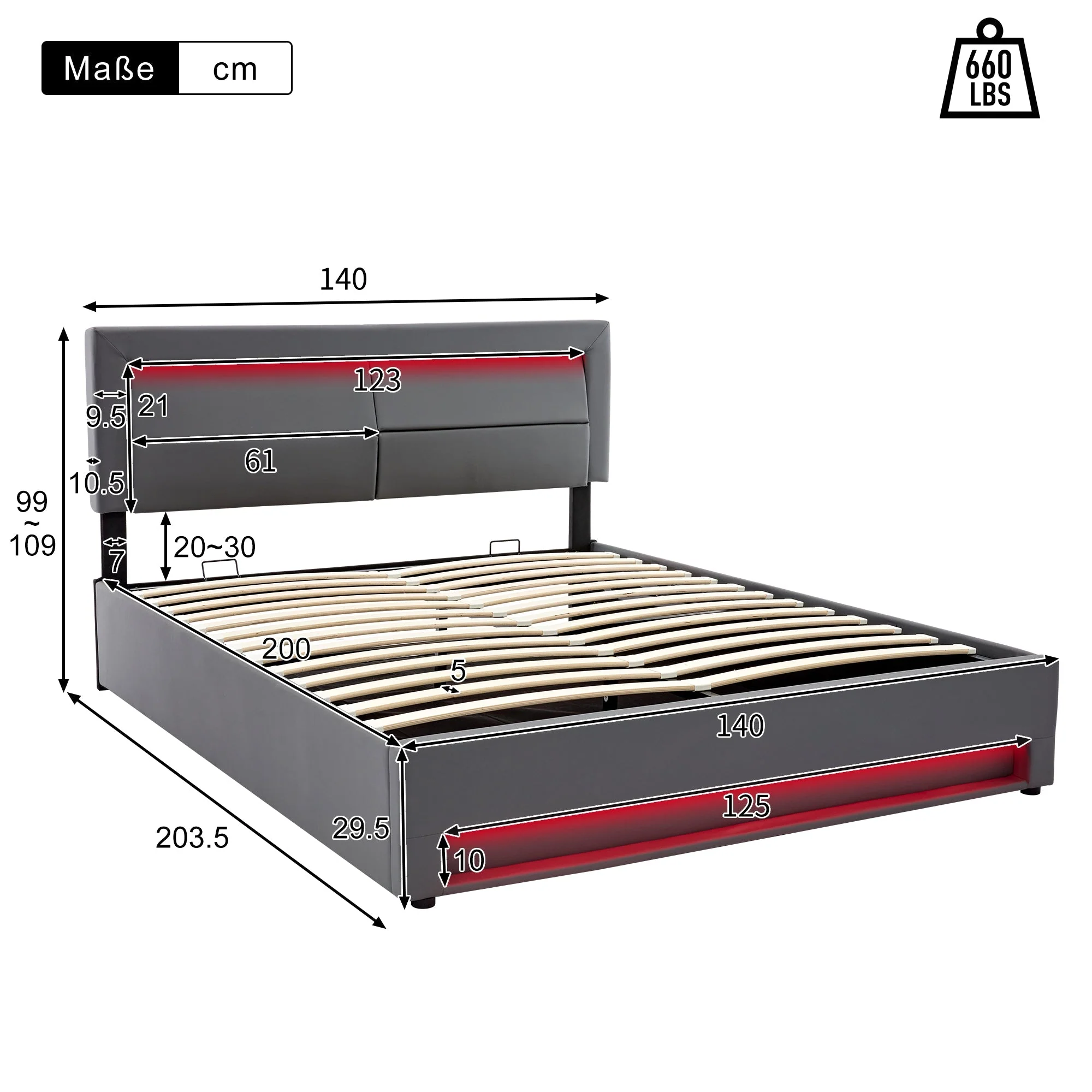 Upholstered Bed 140x200cm USB Charging LED Light Storage PU Lychee Grey - Image 8