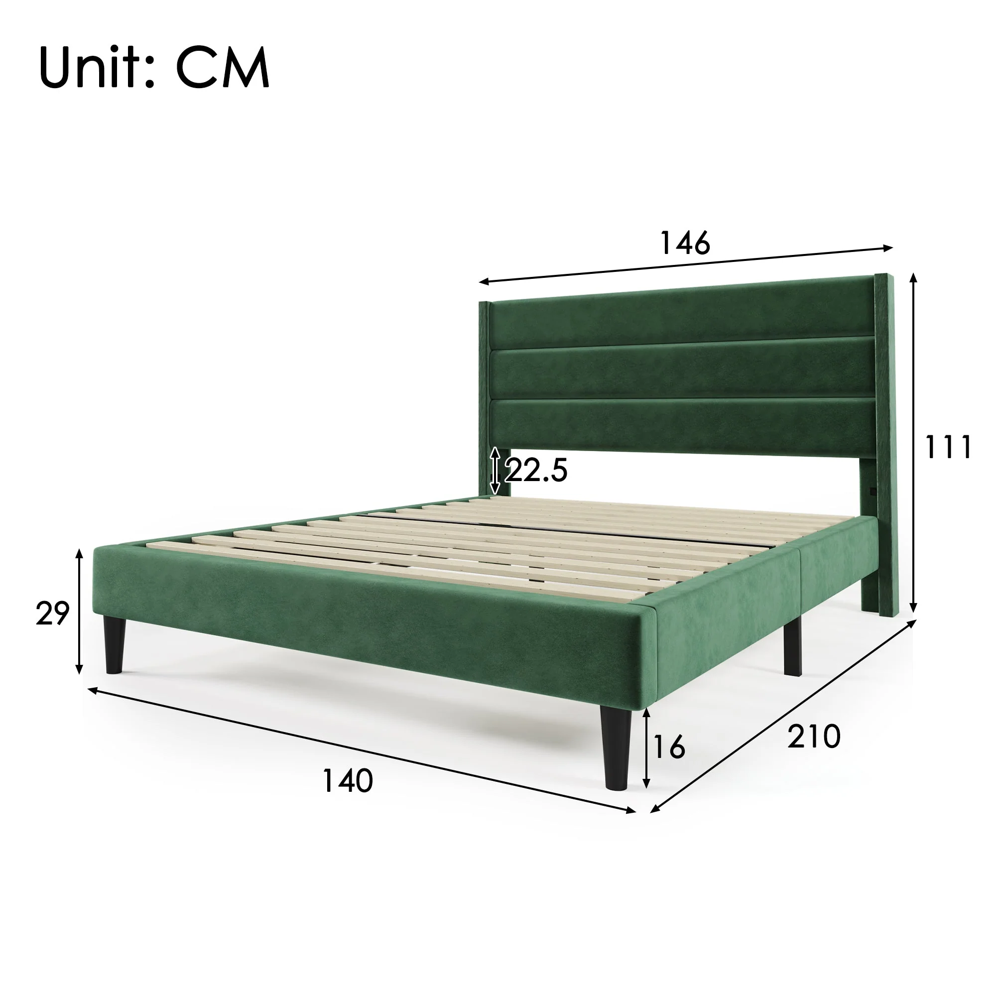 Upholstered Bed 140x200cm with Headboard, Dark Green Velvet - Image 2