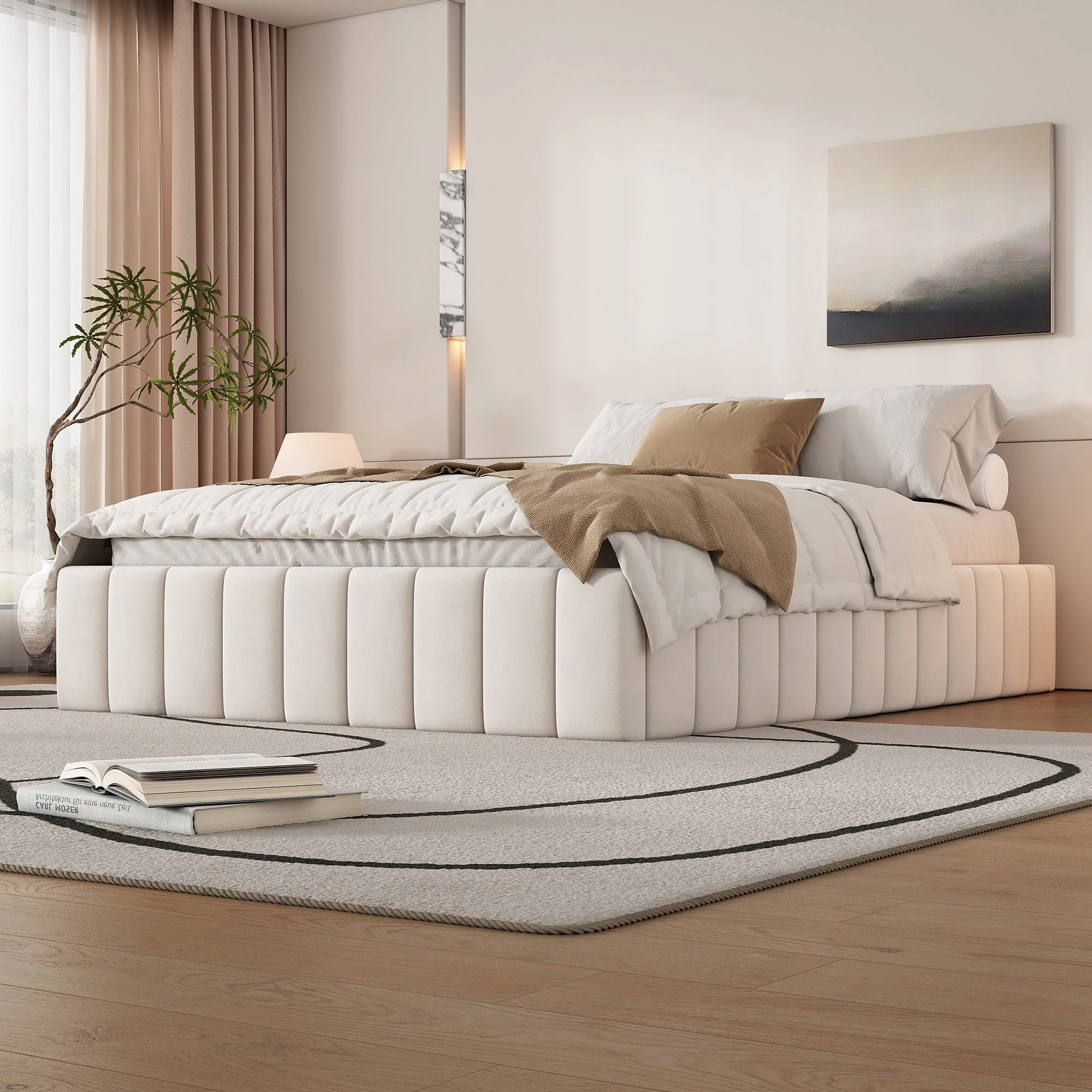 Upholstered Bed 140x200cm with Slatted Base and 4 Storage Drawers, Beige Velvet - Image 3
