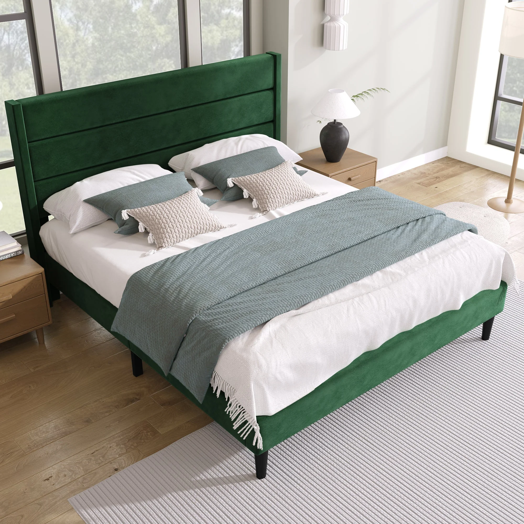 Upholstered Bed 140x200cm with Slatted Frame & Headboard, Velvet Dark Green - Image 12