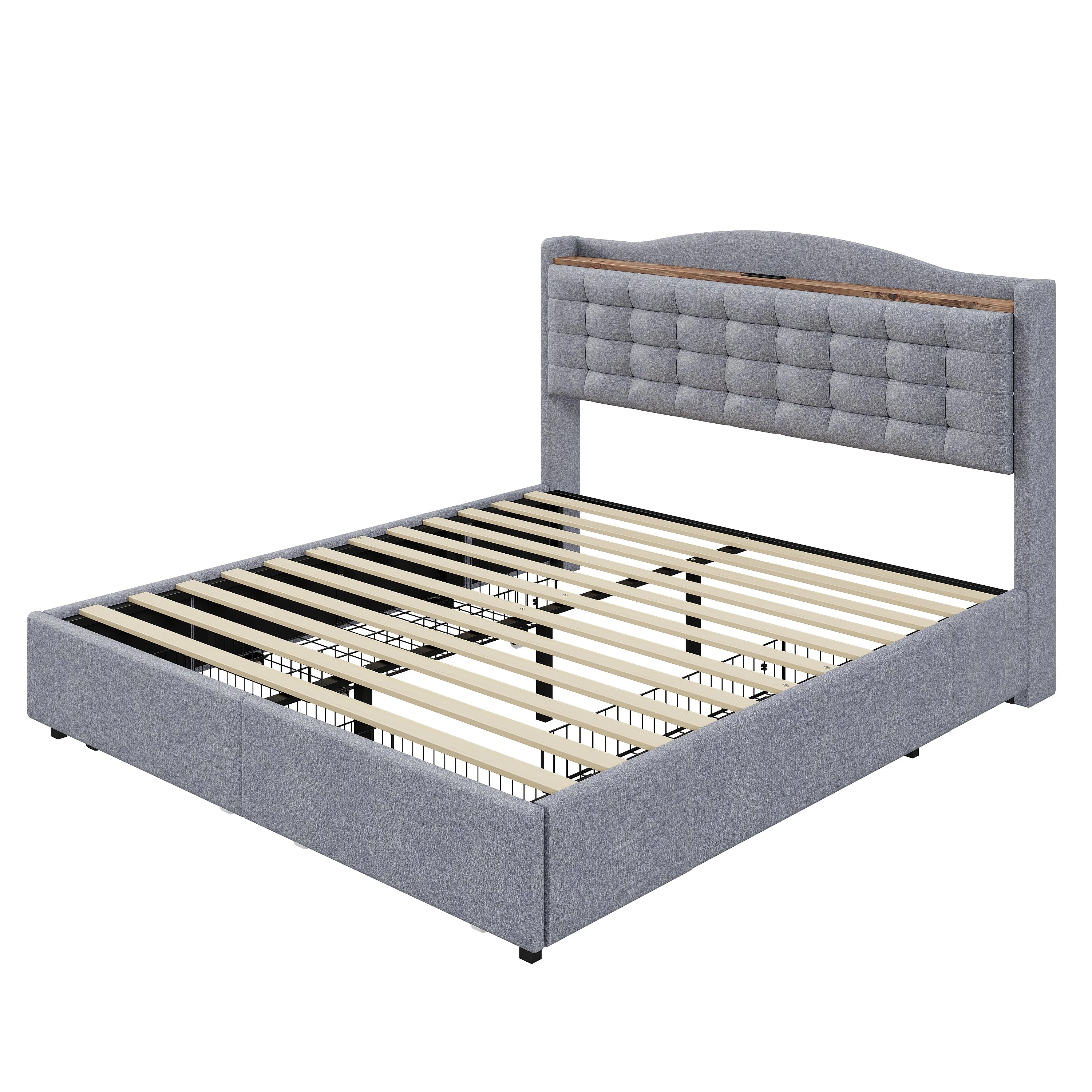 Upholstered Bed 140x200cm with USB & Storage, 4-Drawer, Linen Fabric Gray - Image 10