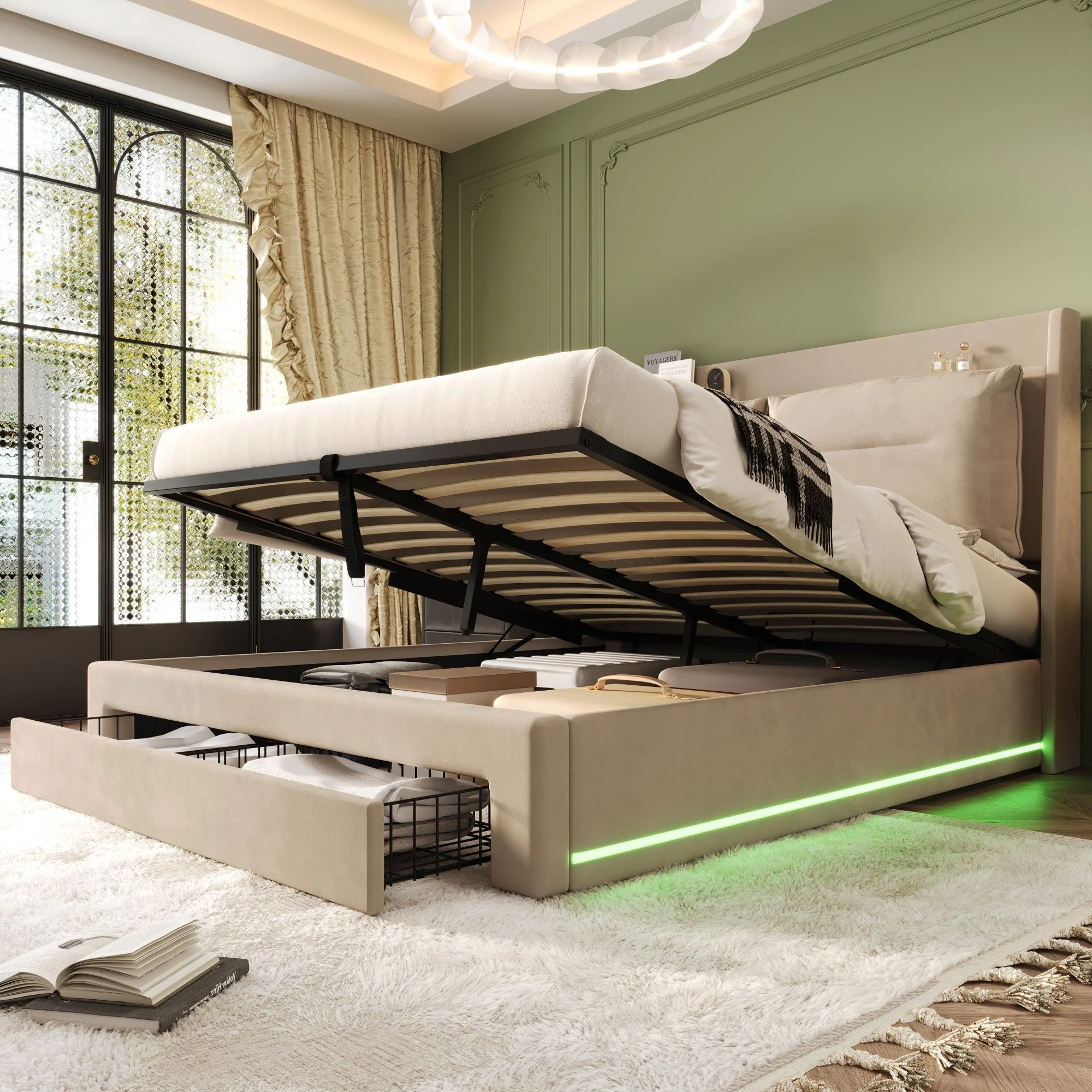 Upholstered Bed, 150x200 (5ft) King Size, Hydraulic with 2-in-1 End Storage Drawers & LED Strips, Velvet Beige - Image 3