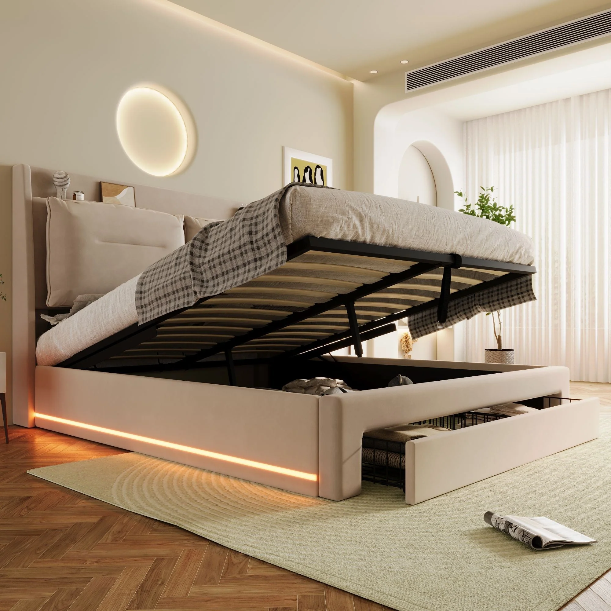 Upholstered Bed, 150x200 (5ft) King Size, Hydraulic with 2-in-1 End Storage Drawers & LED Strips, Velvet Beige - Image 4