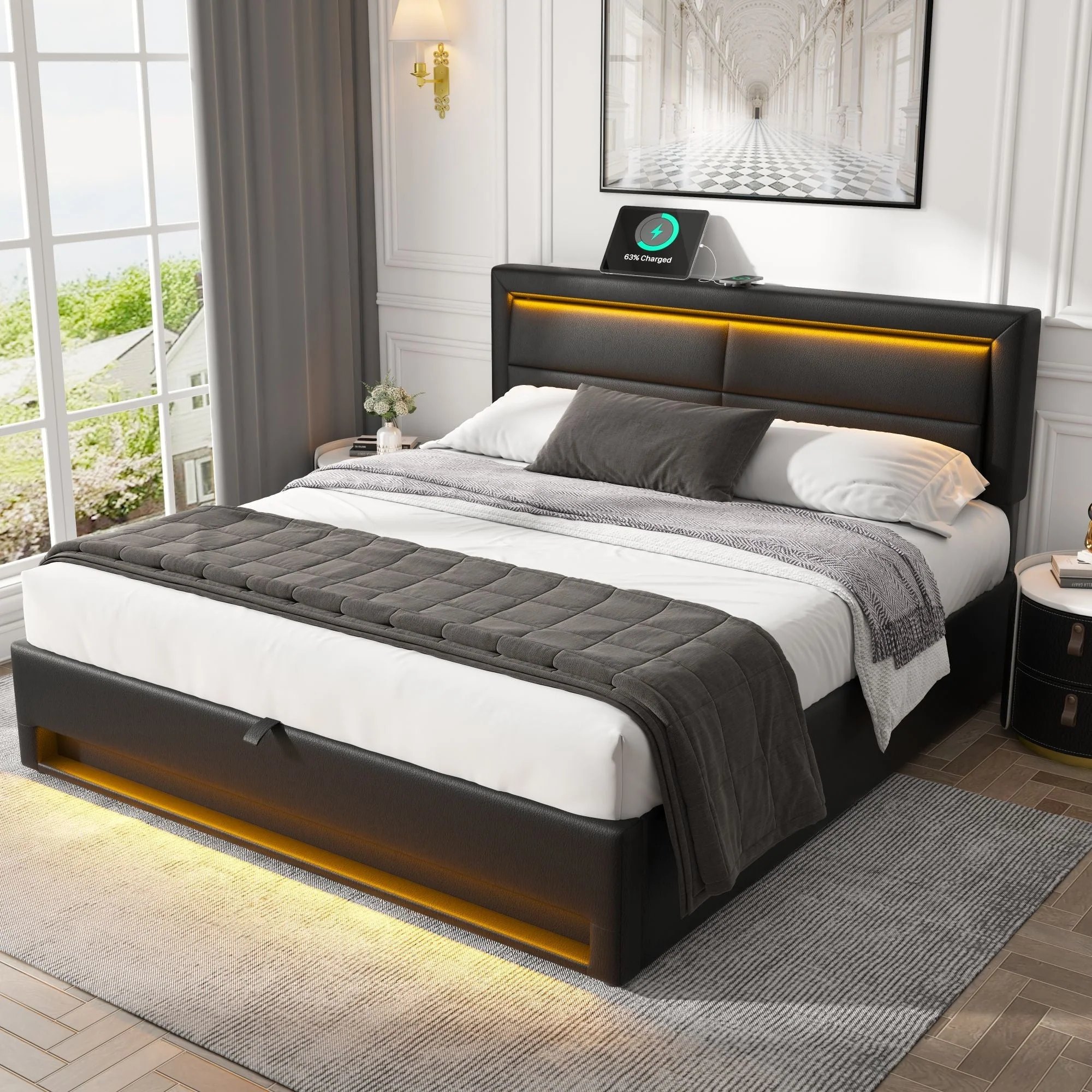Upholstered Bed 150x200cm King Size, with USB & LED Lighting, Storage, Black PU Leather - Image 3