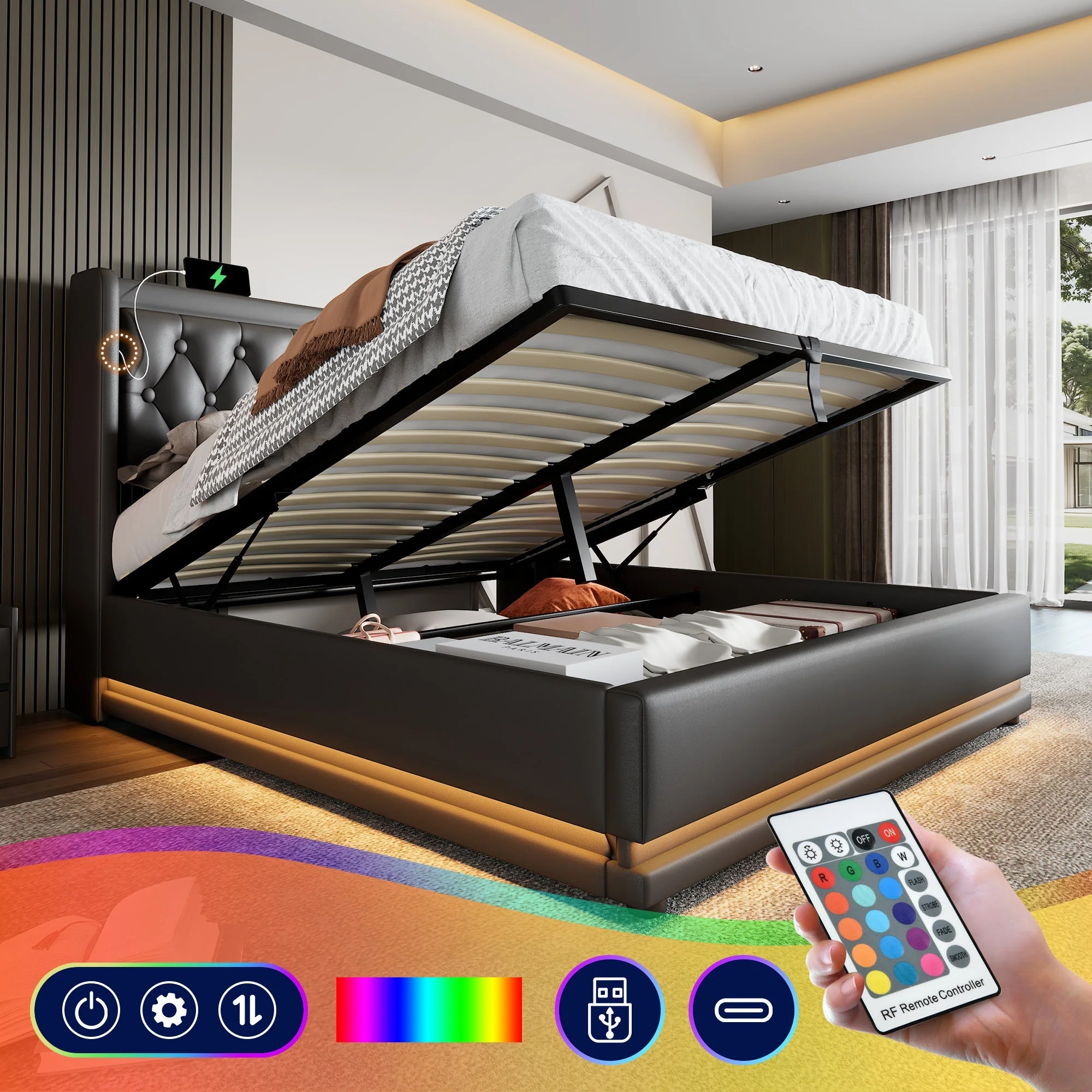 Upholstered Bed, 160*200 cm Hydraulic Storage with LED & USB, Black PU Leather - Image 2