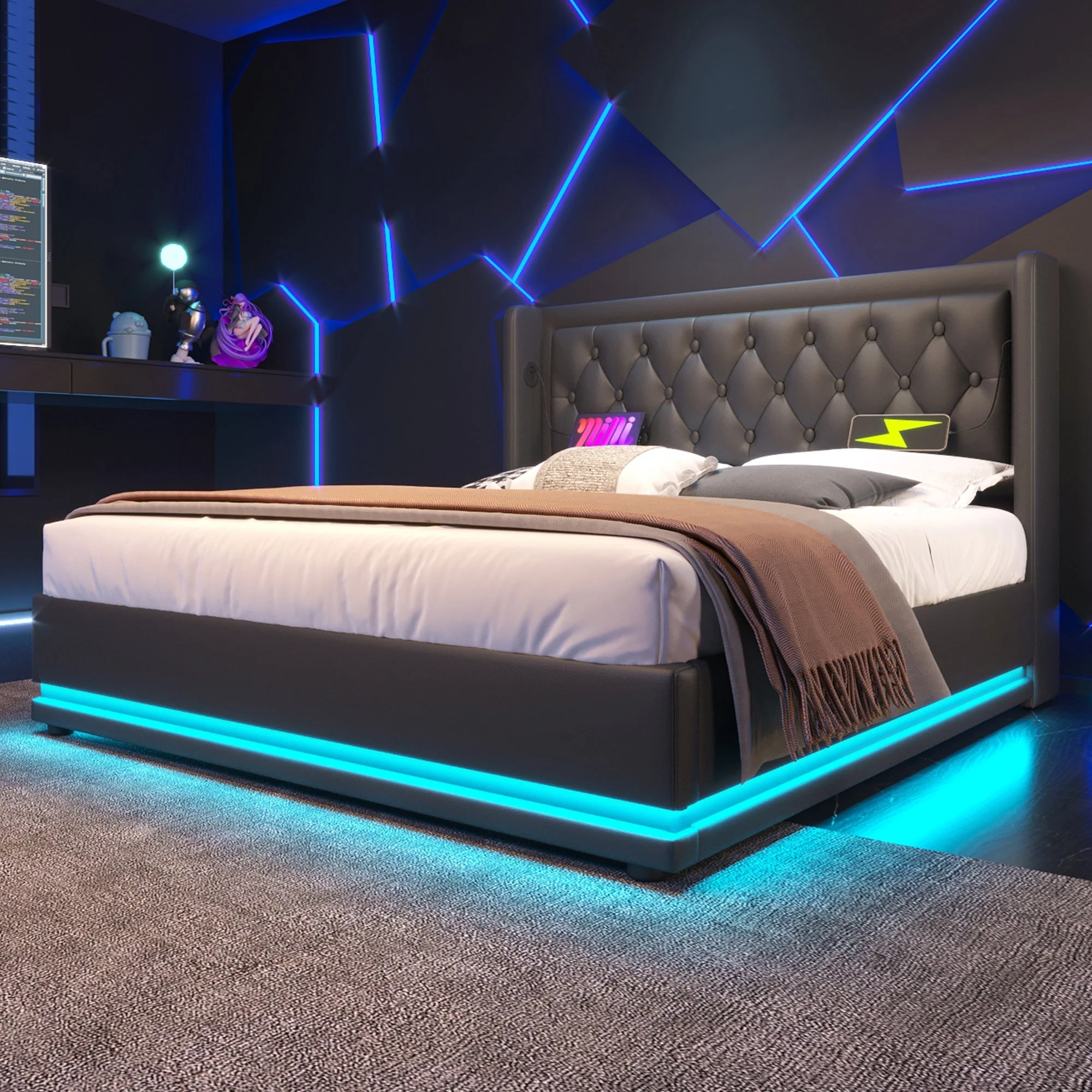 Upholstered Bed, 160*200 cm Hydraulic Storage with LED & USB, Black PU Leather - Image 8