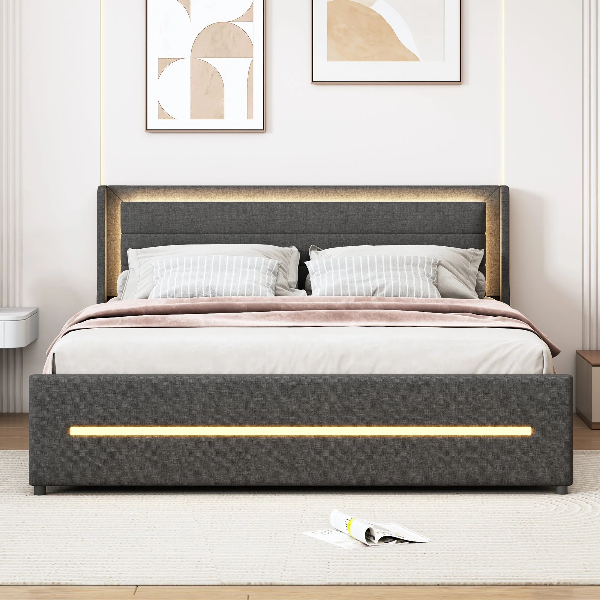 Upholstered Bed 160*200, LED Lighting, 4 Storage, Linen, Gray - Image 2