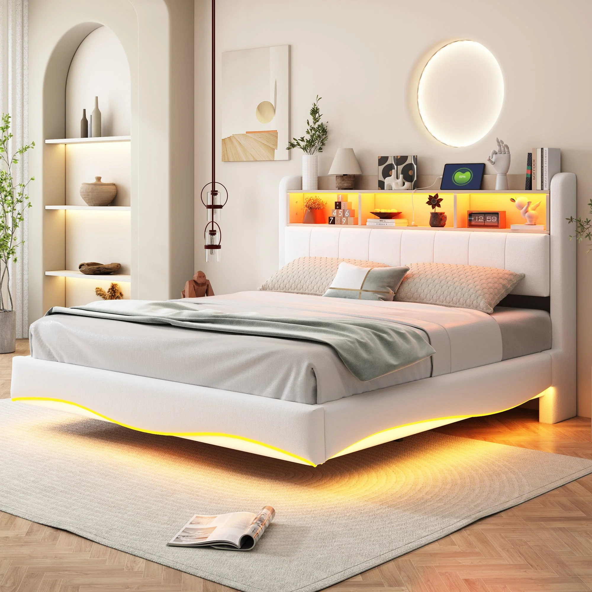 Upholstered Bed, 160*200, Multifunctional Storage, LED Light, USB and Type-C Interface, Beige Linen Fabric