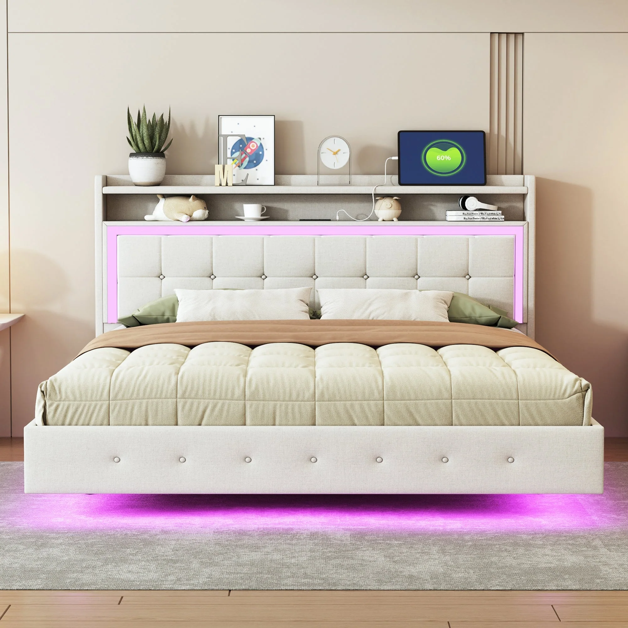 Upholstered Bed 160*200, USB & LED, Double Flat, Linen Fabric Beige - Image 2