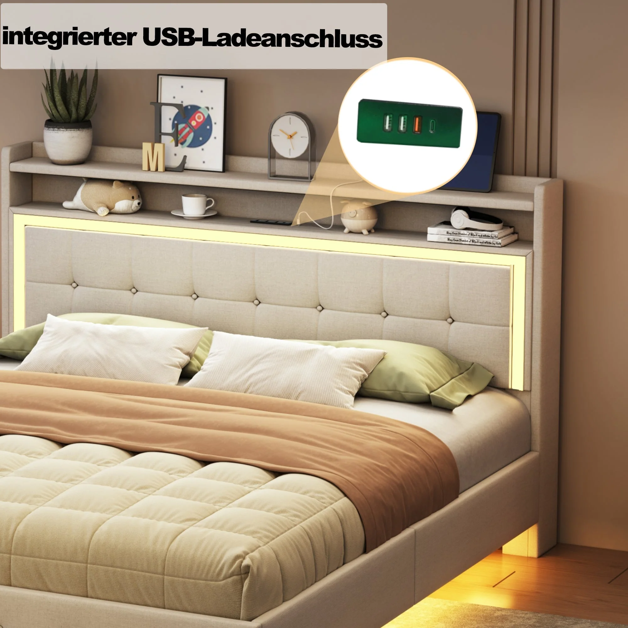 Upholstered Bed 160*200, USB & LED, Double Flat, Linen Fabric Beige - Image 5