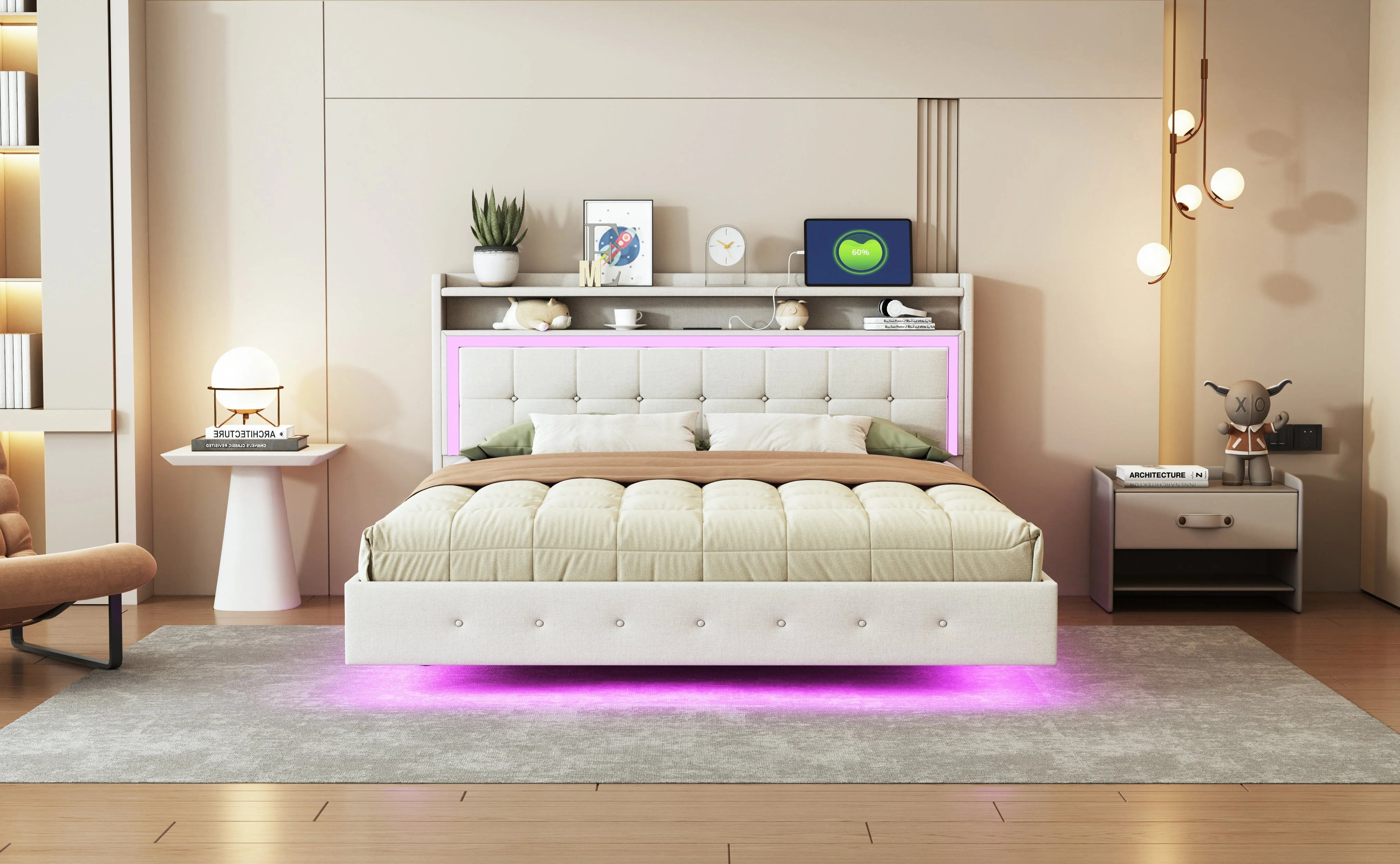 Upholstered Bed 160*200, USB & LED, Double Flat, Linen Fabric Beige - Image 7
