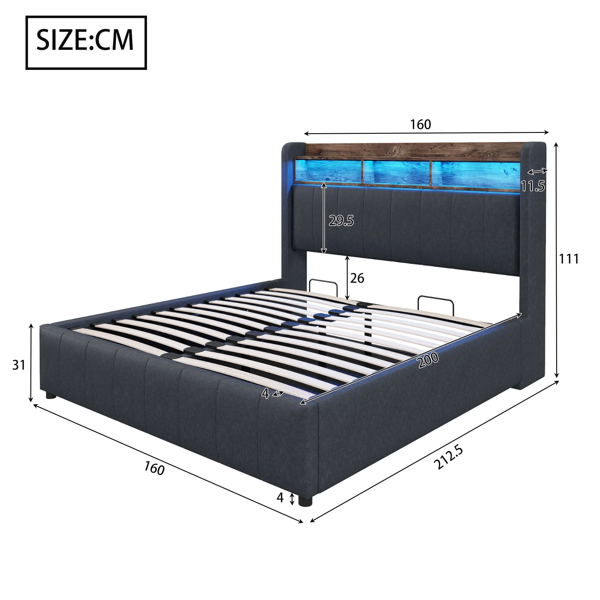 Upholstered Bed 160*200cm, LED Lighting, USB Socket, Hydraulic Storage, Linen Fabric Gray - Image 8
