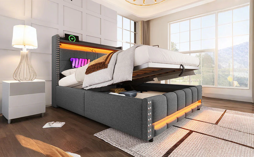 Upholstered Bed 160*200cm, LED & USB, Hydraulic Storage, Linen Fabric Gray - Image 10