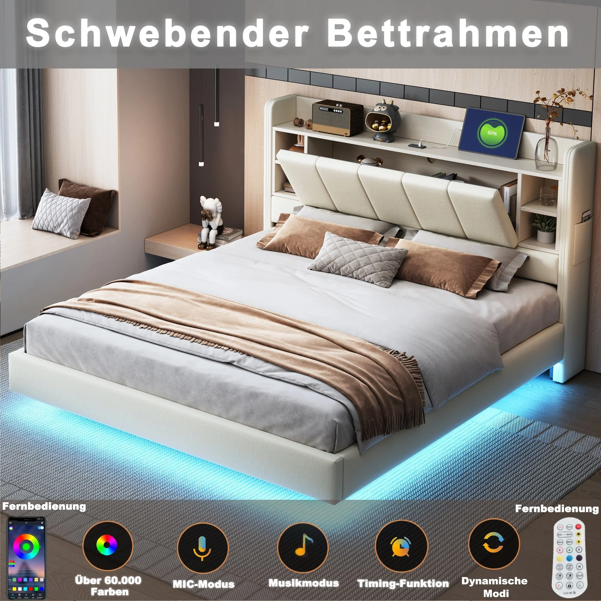Upholstered Bed 160 x 200 cm, USB Socket, Light Strip, Reversible Headboard, Beige Linen Fabric - Image 4