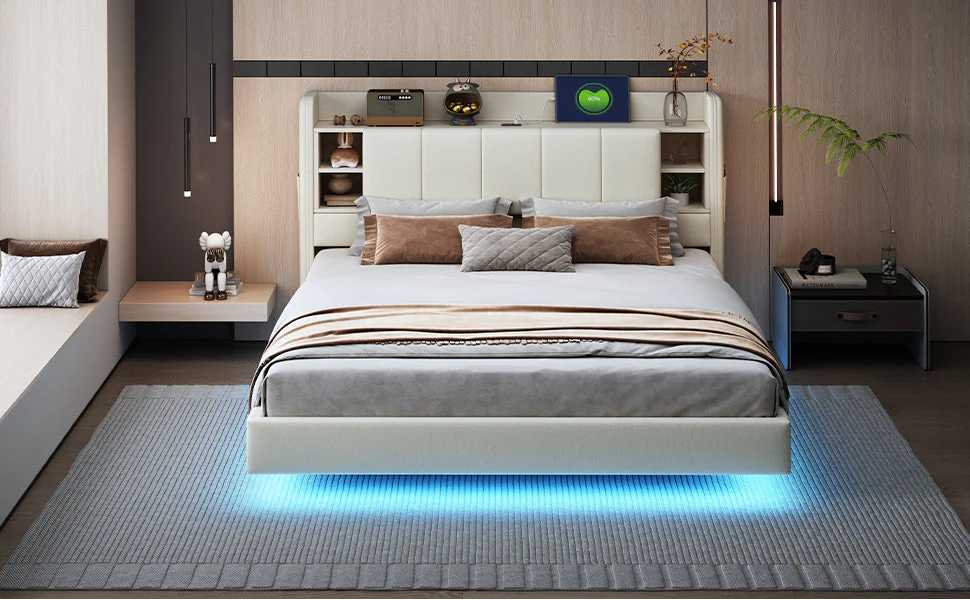 Upholstered Bed 160 x 200 cm, USB Socket, Light Strip, Reversible Headboard, Beige Linen Fabric - Image 9